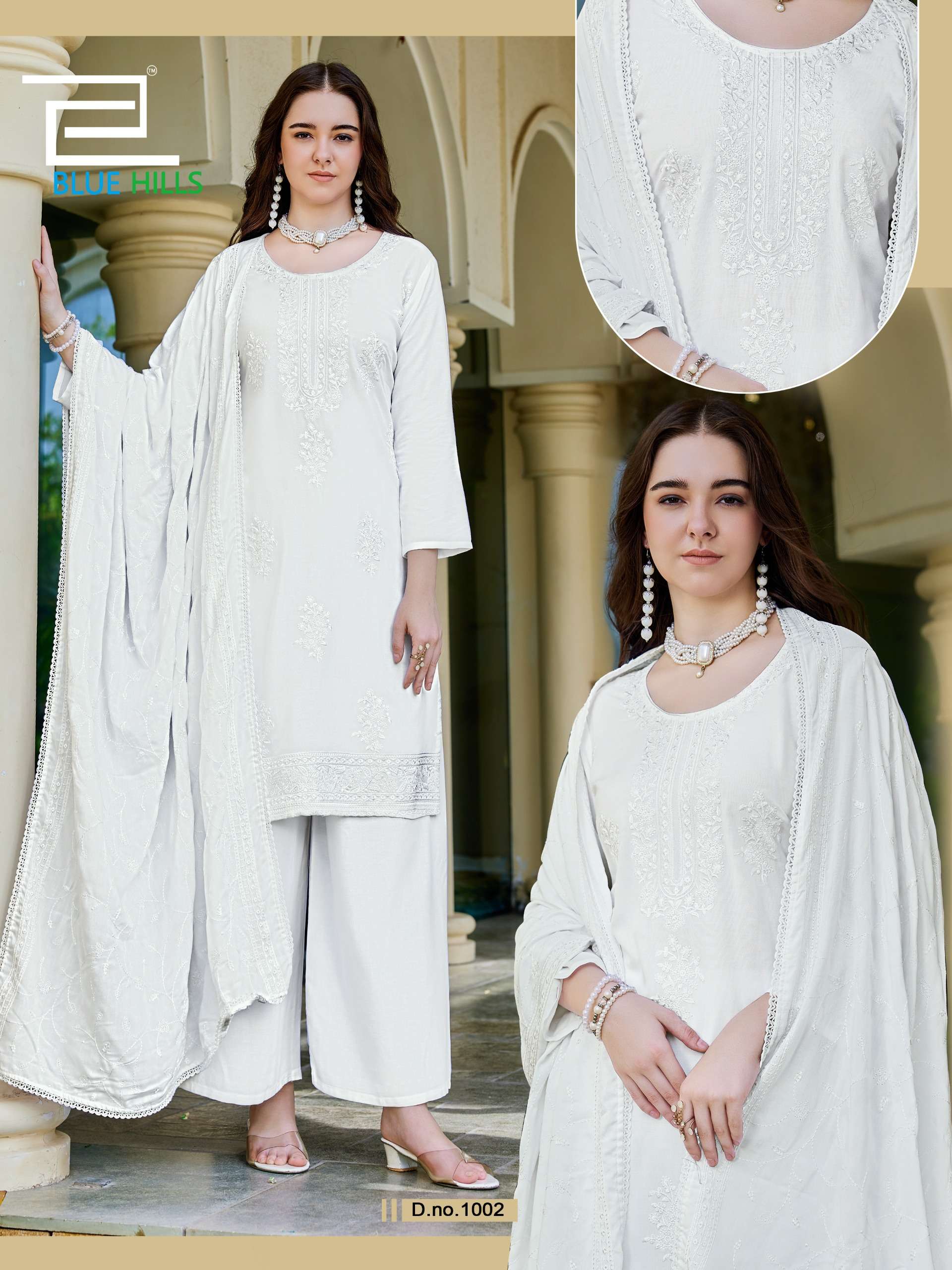 BLUE HILLS WHITE LILY RAYON FANCY WORKS LADIES KURTI PLAZZO AND DUPATTA SET 
