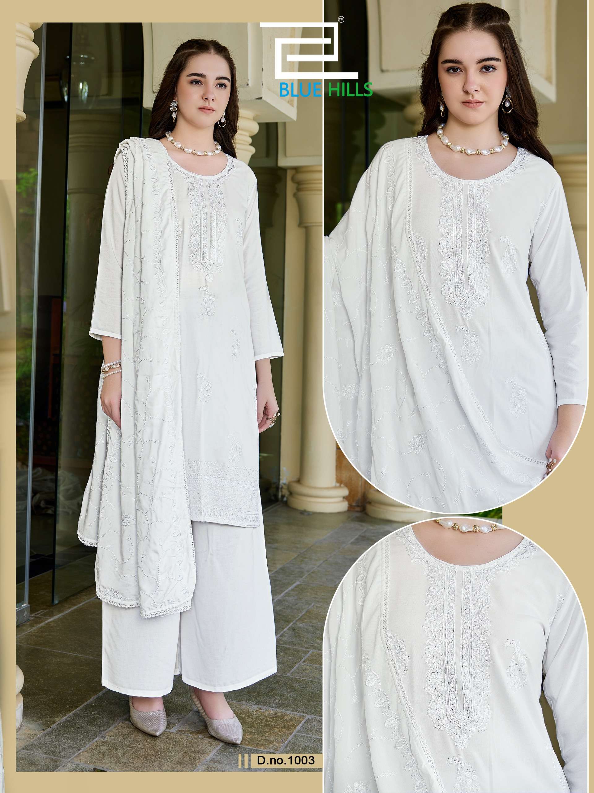 BLUE HILLS WHITE LILY RAYON FANCY WORKS LADIES KURTI PLAZZO AND DUPATTA SET 