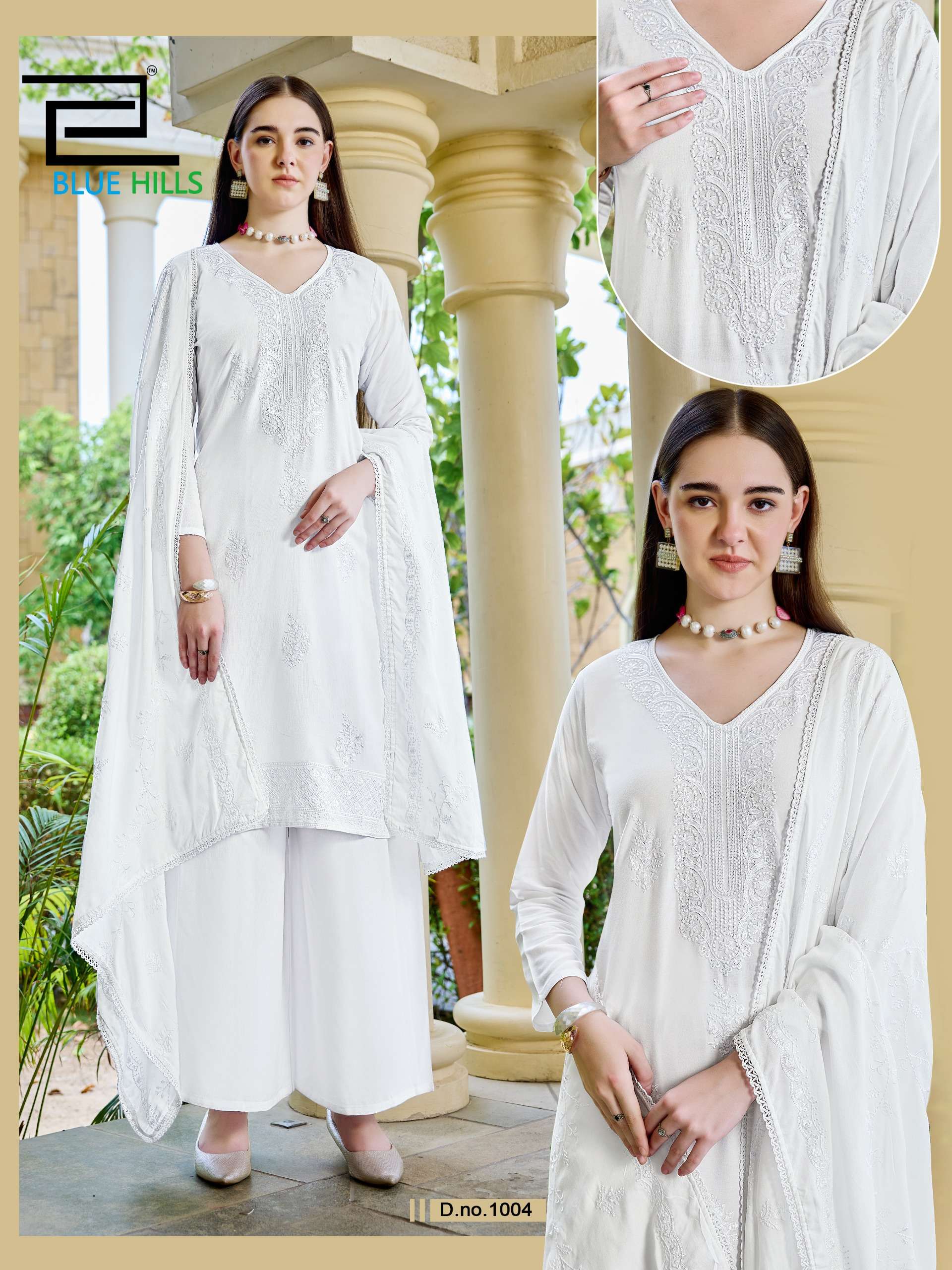 BLUE HILLS WHITE LILY RAYON FANCY WORKS LADIES KURTI PLAZZO AND DUPATTA SET 