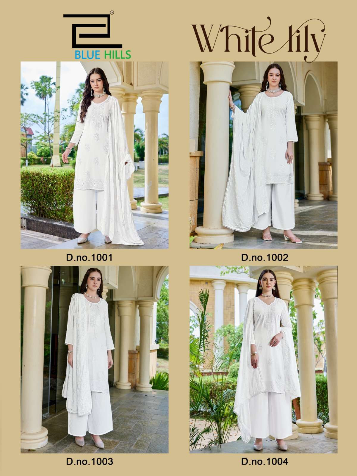 BLUE HILLS WHITE LILY RAYON FANCY WORKS LADIES KURTI PLAZZO AND DUPATTA SET 