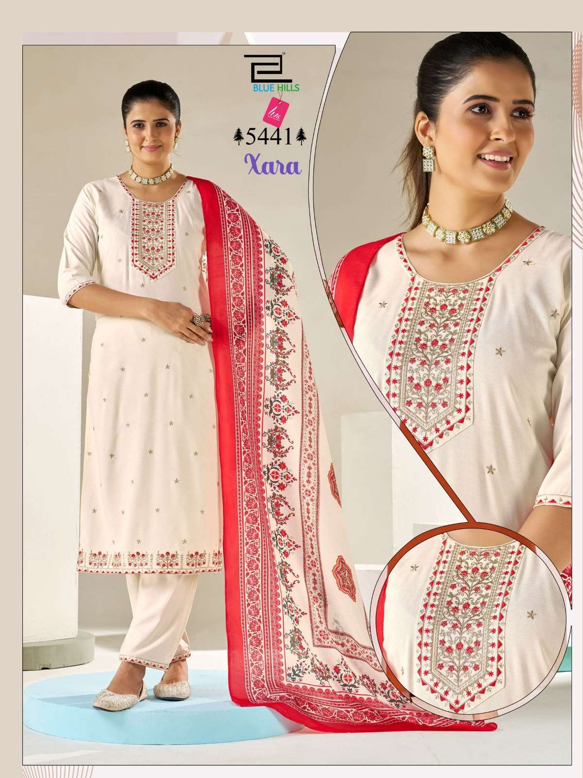 BLUE HILLS XARA RAYON FANCY EMBROIDERIES WORK KURTI BOTTOM AND DUPATTA SET 