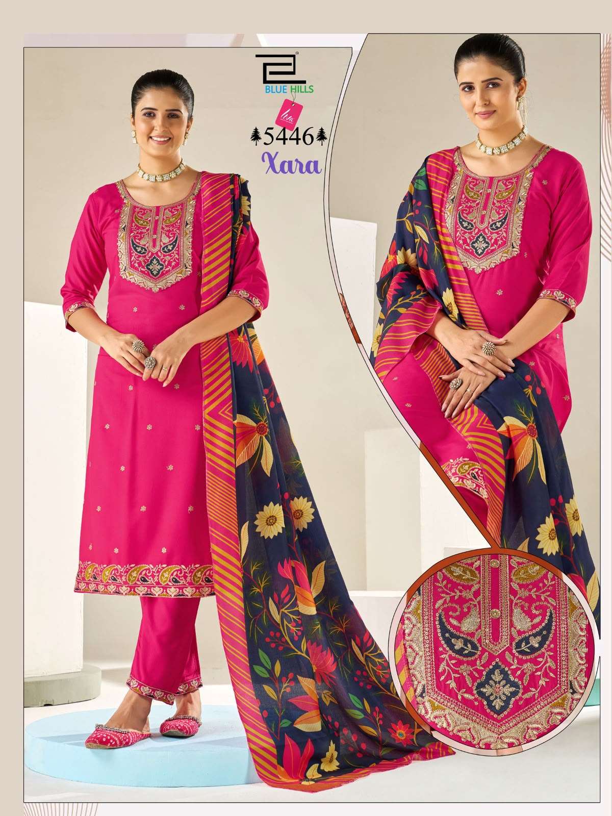 BLUE HILLS XARA RAYON FANCY EMBROIDERIES WORK KURTI BOTTOM AND DUPATTA SET 