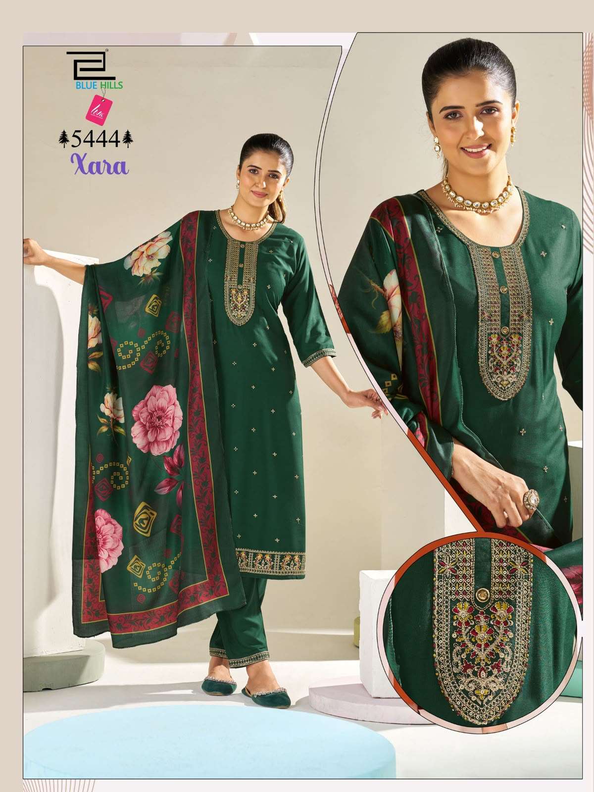 BLUE HILLS XARA RAYON FANCY EMBROIDERIES WORK KURTI BOTTOM AND DUPATTA SET 