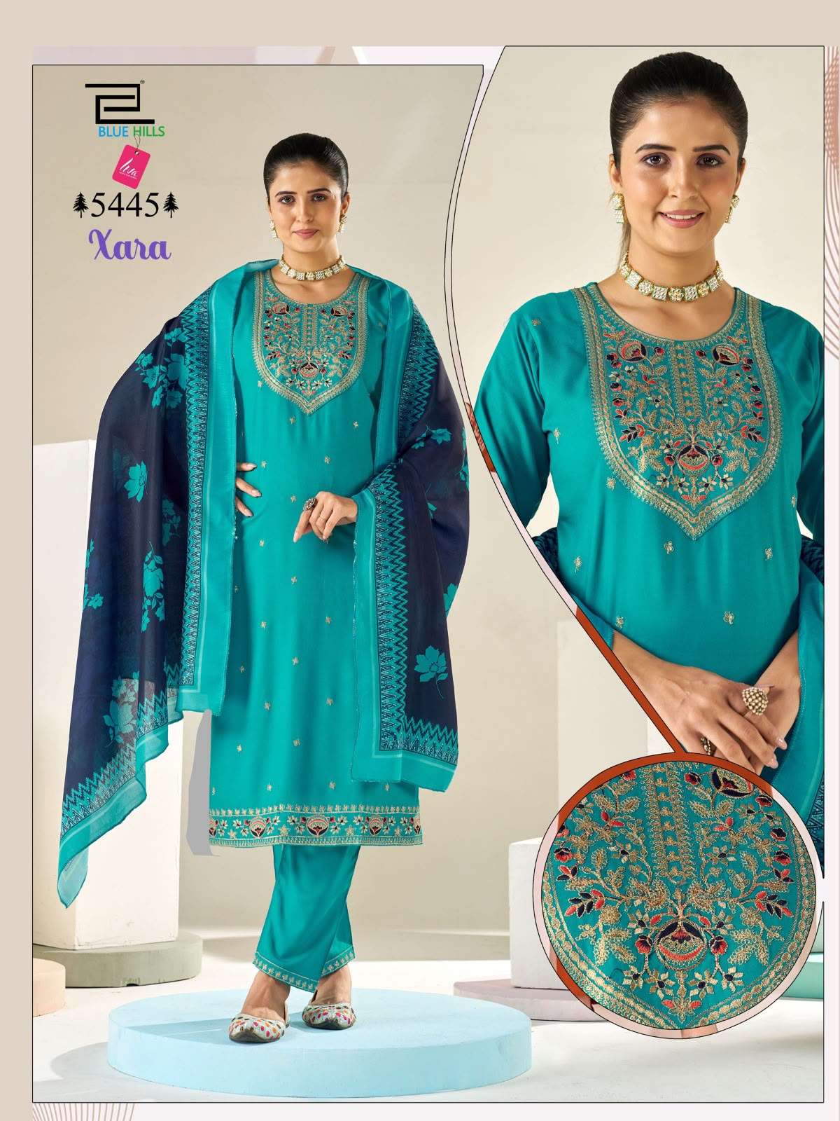 BLUE HILLS XARA RAYON FANCY EMBROIDERIES WORK KURTI BOTTOM AND DUPATTA SET 