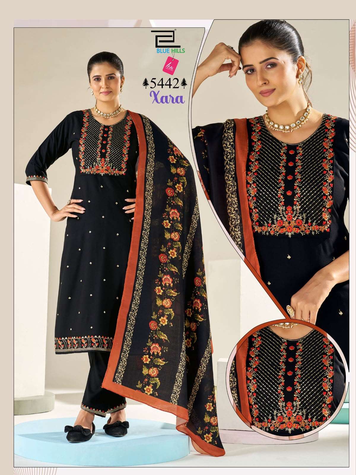 BLUE HILLS XARA RAYON FANCY EMBROIDERIES WORK KURTI BOTTOM AND DUPATTA SET 
