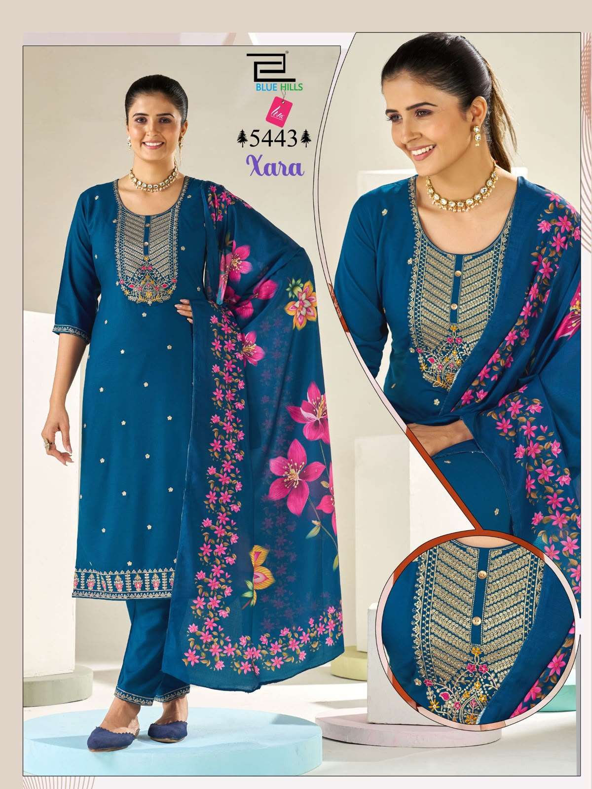 BLUE HILLS XARA RAYON FANCY EMBROIDERIES WORK KURTI BOTTOM AND DUPATTA SET 