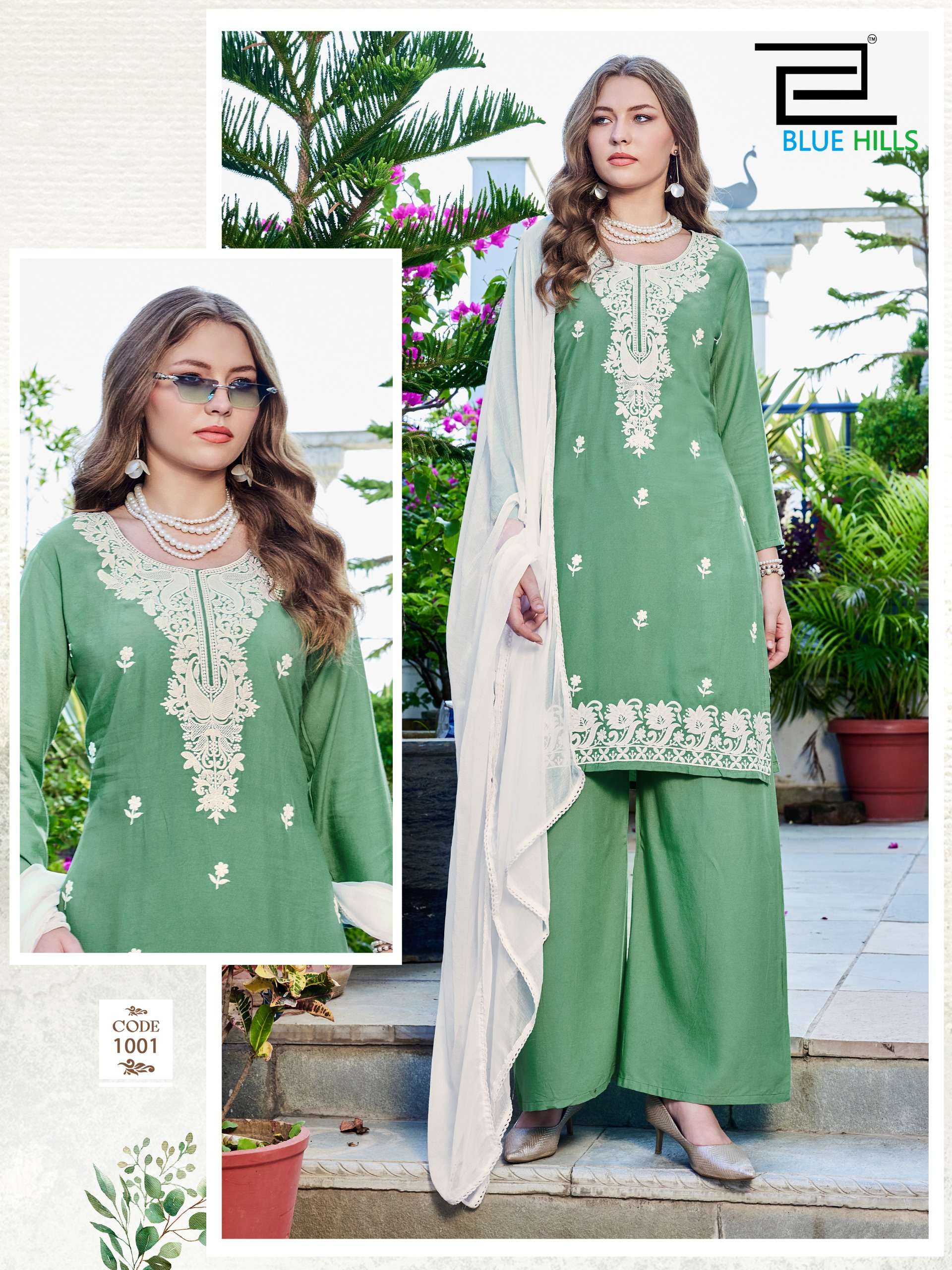 BLUE HILLS ZIVA VOL 3 RAYON FANCY WORKS LADIES KURTI PLAZZO AND DUPATTA SET 