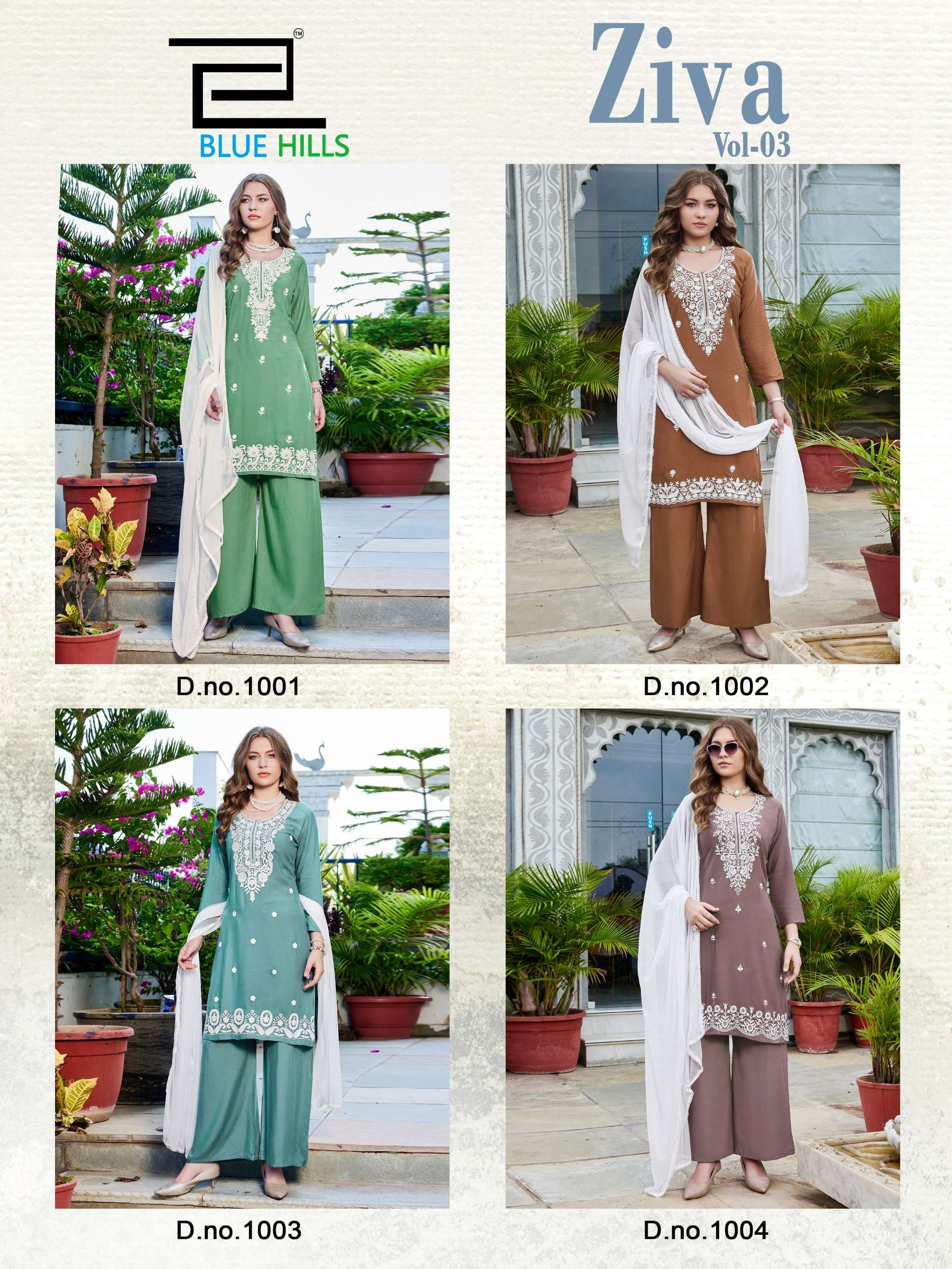 BLUE HILLS ZIVA VOL 3 RAYON FANCY WORKS LADIES KURTI PLAZZO AND DUPATTA SET 