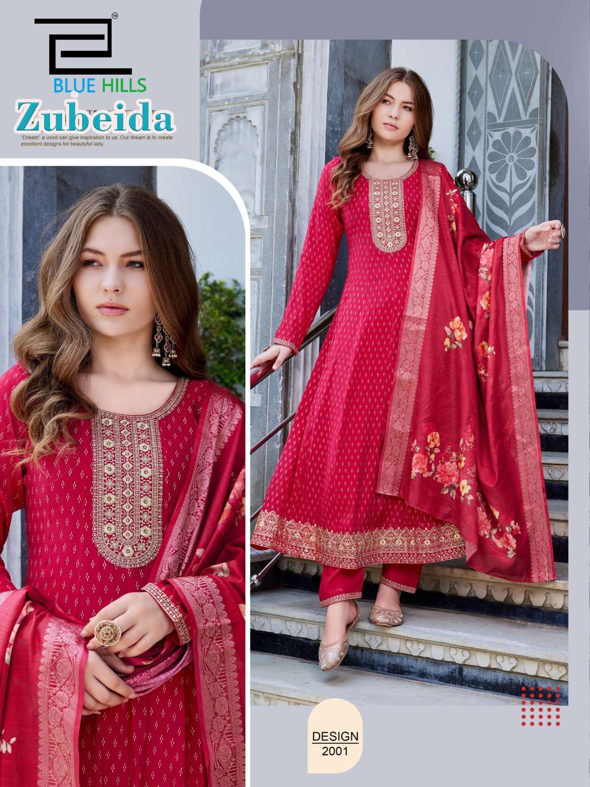 BLUE HILLS ZUBEIDA CHANDERI SILK FOIL PRINT WITH DESIGNER WORK KURTI PANT WITH DUPATTA SET 