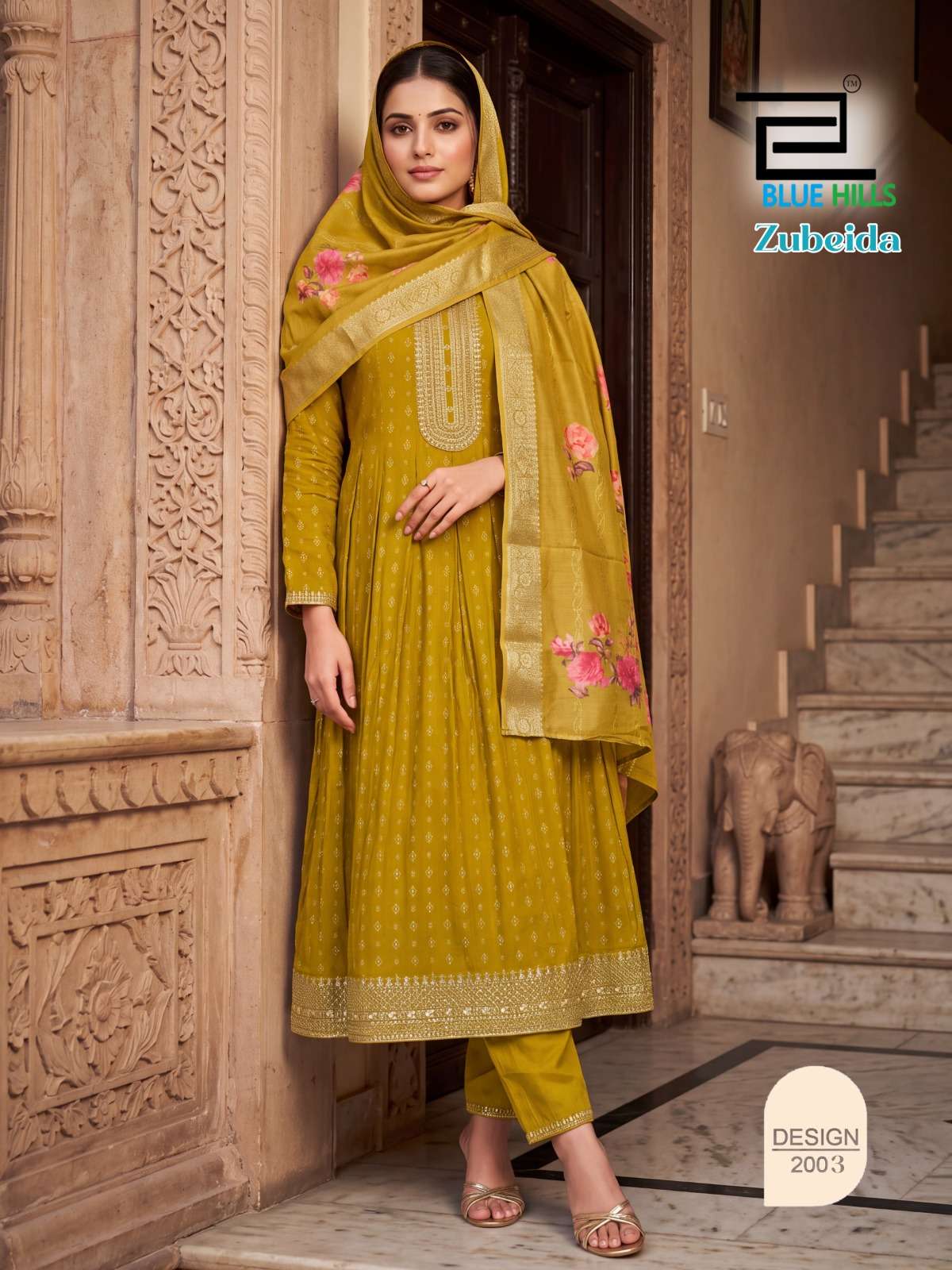 BLUE HILLS ZUBEIDA CHANDERI SILK FOIL PRINT WITH DESIGNER WORK KURTI PANT WITH DUPATTA SET 