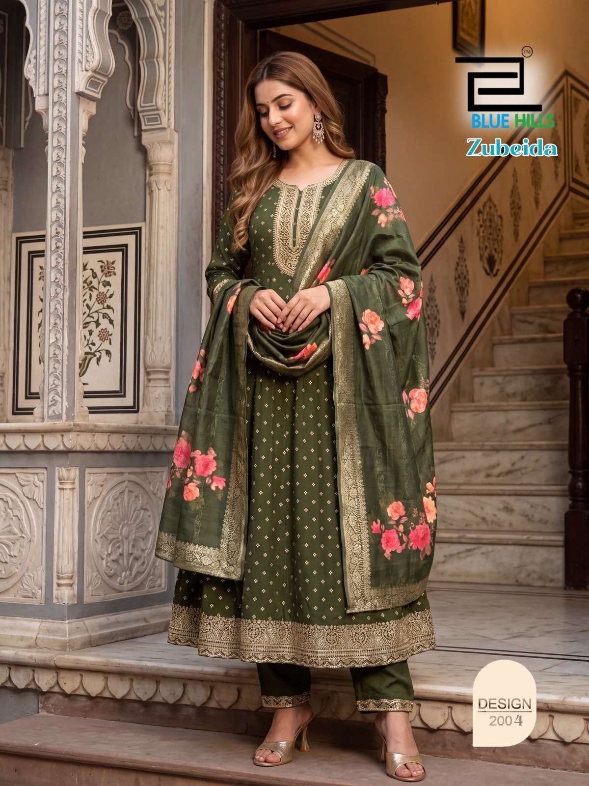 BLUE HILLS ZUBEIDA CHANDERI SILK FOIL PRINT WITH DESIGNER WORK KURTI PANT WITH DUPATTA SET 