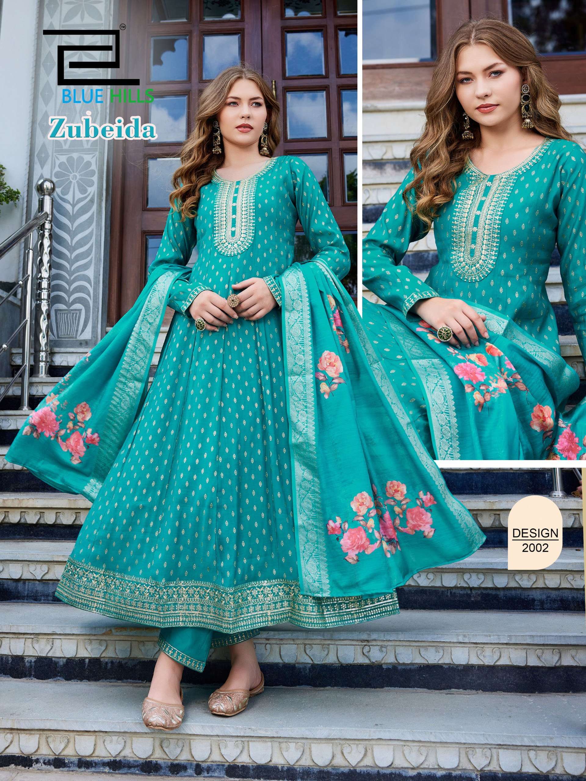 BLUE HILLS ZUBEIDA CHANDERI SILK FOIL PRINT WITH DESIGNER WORK KURTI PANT WITH DUPATTA SET 
