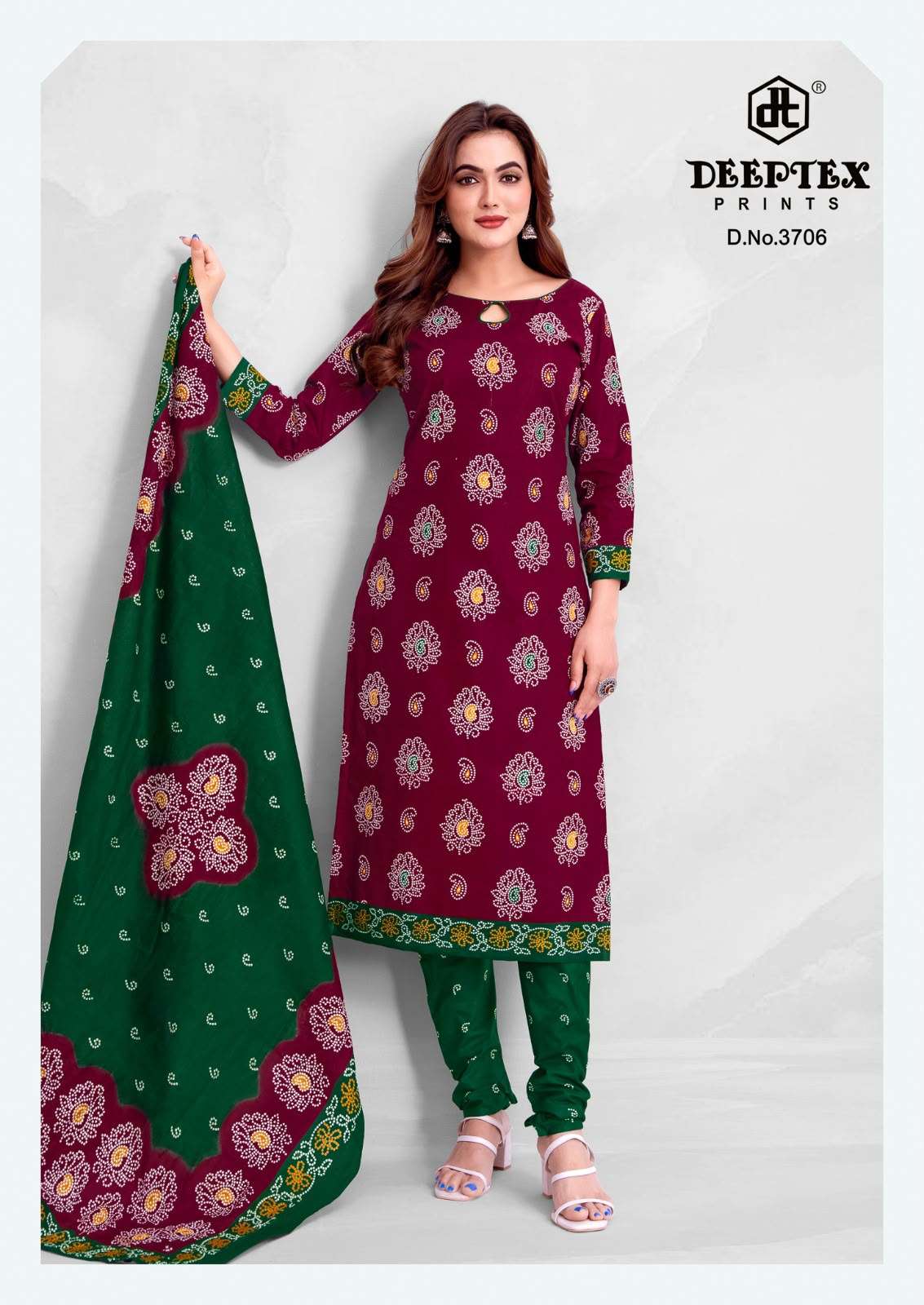 DEEPTEX PRINTS CLASSIC CHUNARIS VOL 37 COTTON BANDHANI PRINT DRESS