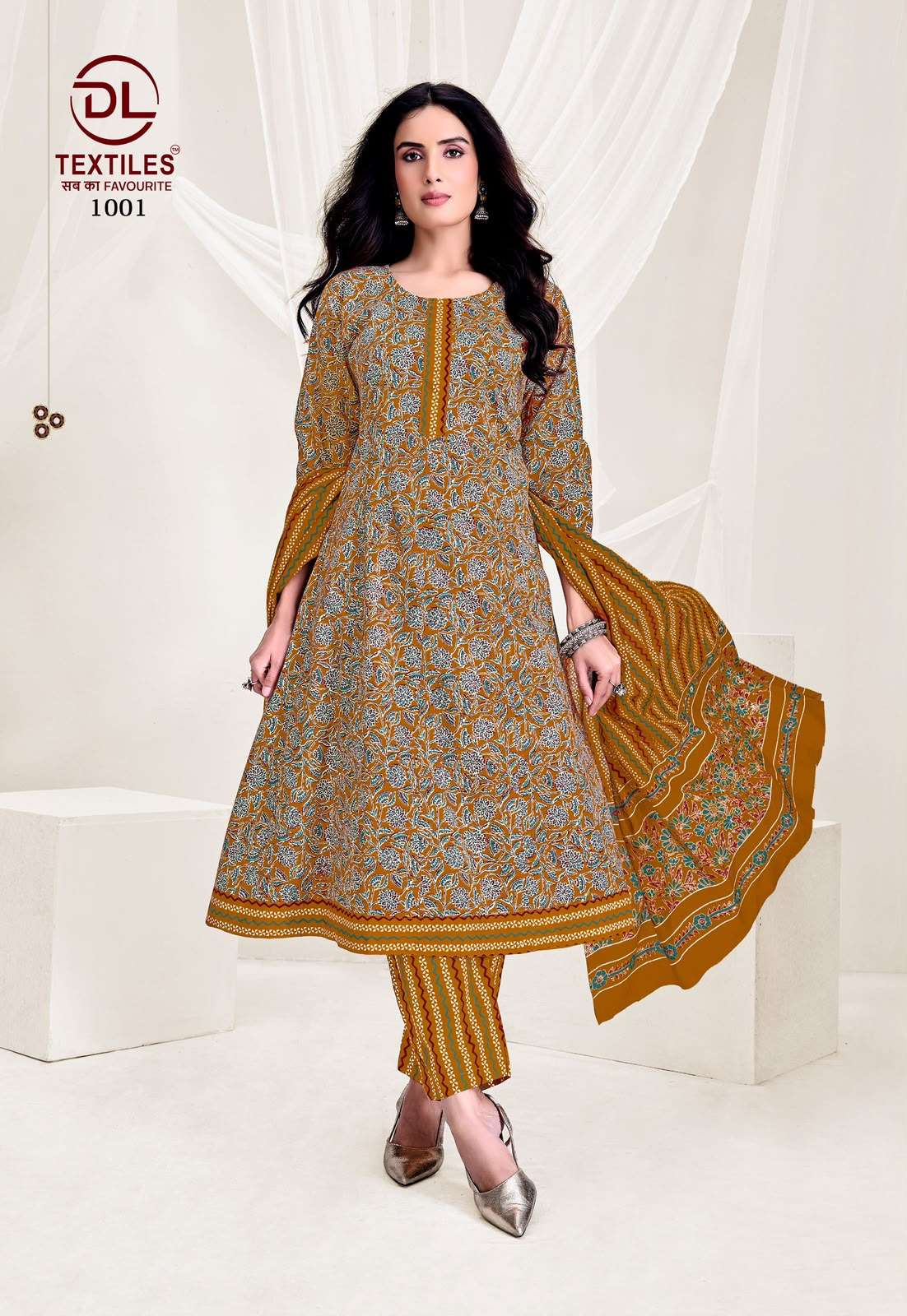 DL TEXTILES PINK CITY COTTON PRINTED ANARKALI GOWN STYLE KURTI BOTTOM AND DUPATTA SET 