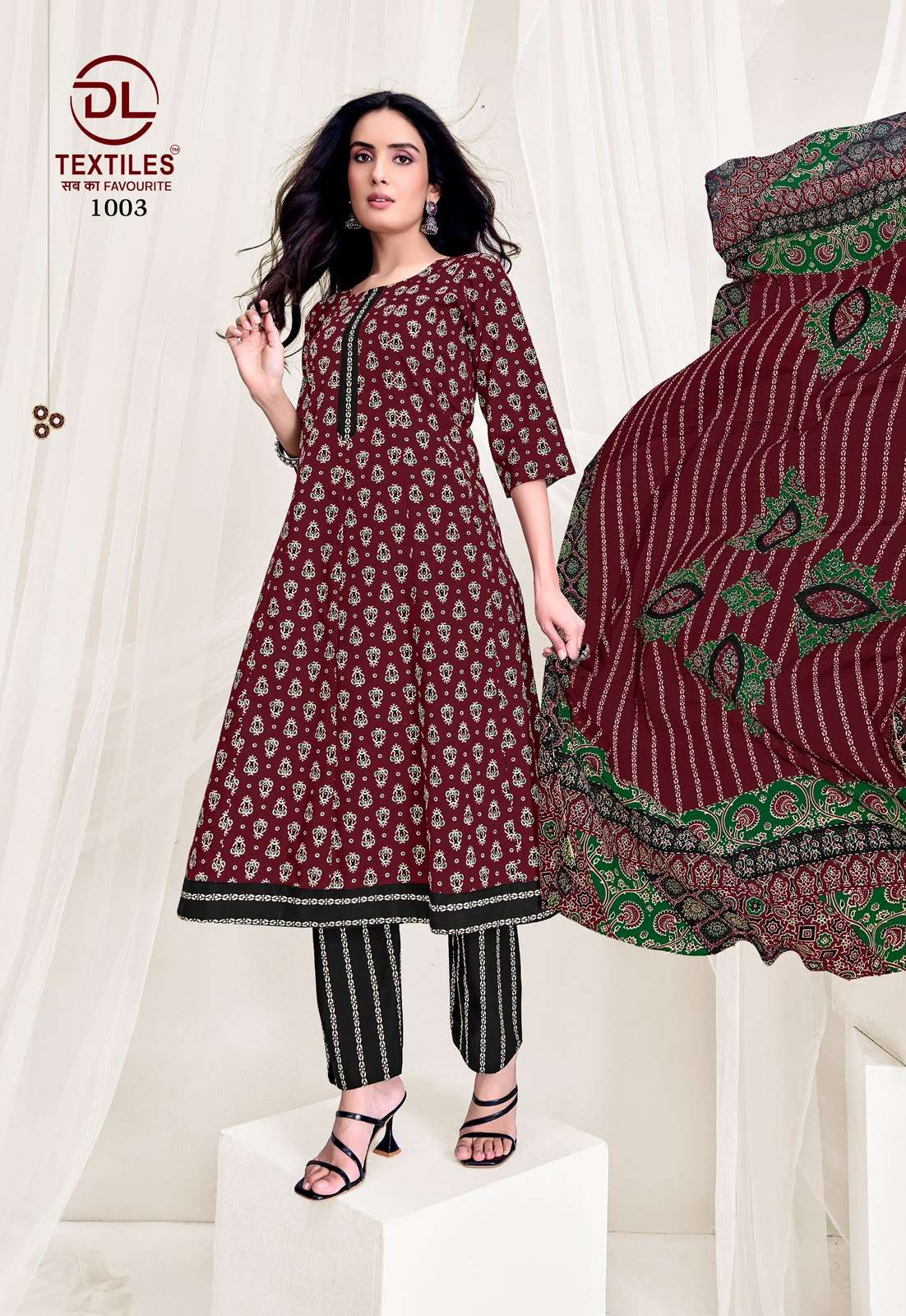 DL TEXTILES PINK CITY COTTON PRINTED ANARKALI GOWN STYLE KURTI BOTTOM AND DUPATTA SET 
