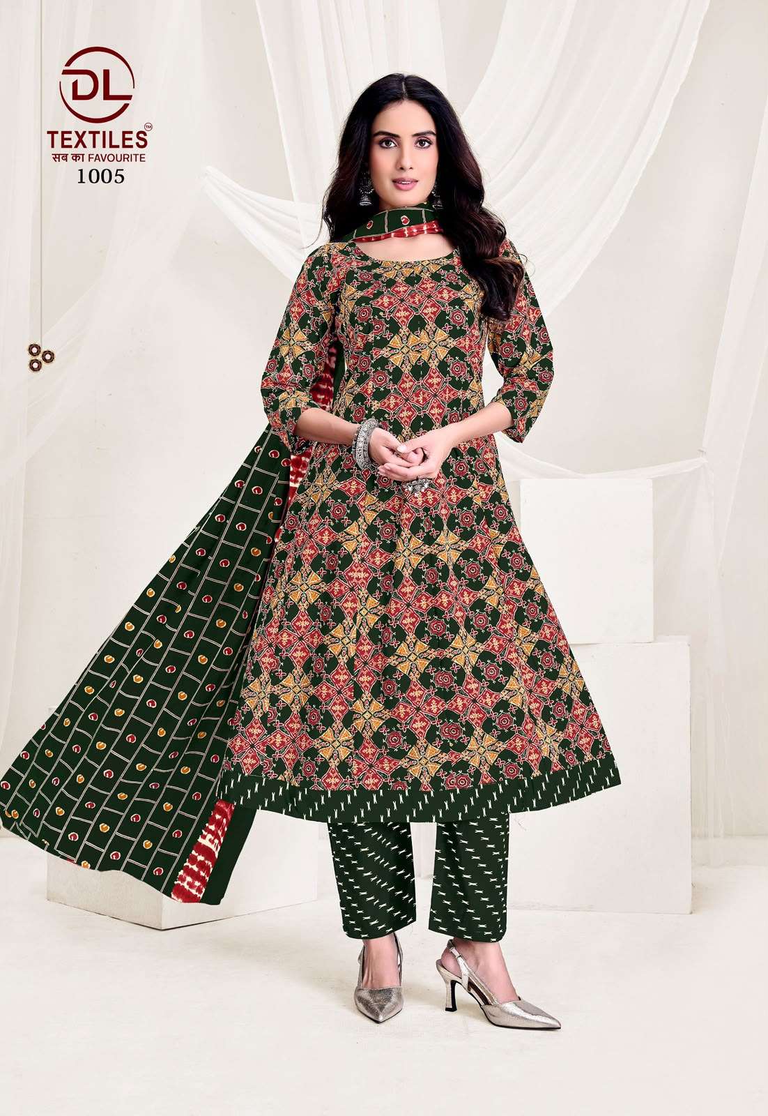 DL TEXTILES PINK CITY COTTON PRINTED ANARKALI GOWN STYLE KURTI BOTTOM AND DUPATTA SET 