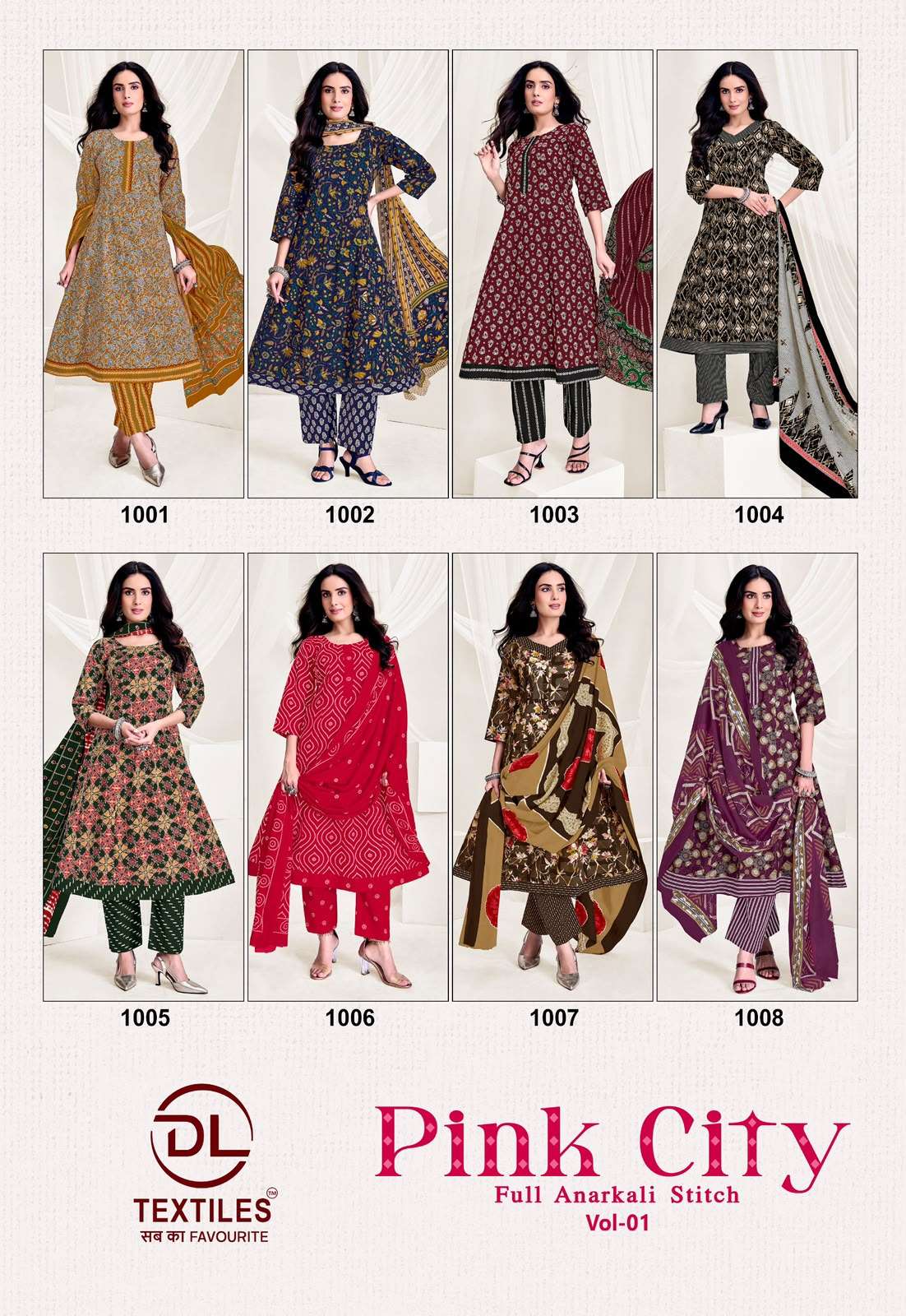 DL TEXTILES PINK CITY COTTON PRINTED ANARKALI GOWN STYLE KURTI BOTTOM AND DUPATTA SET 