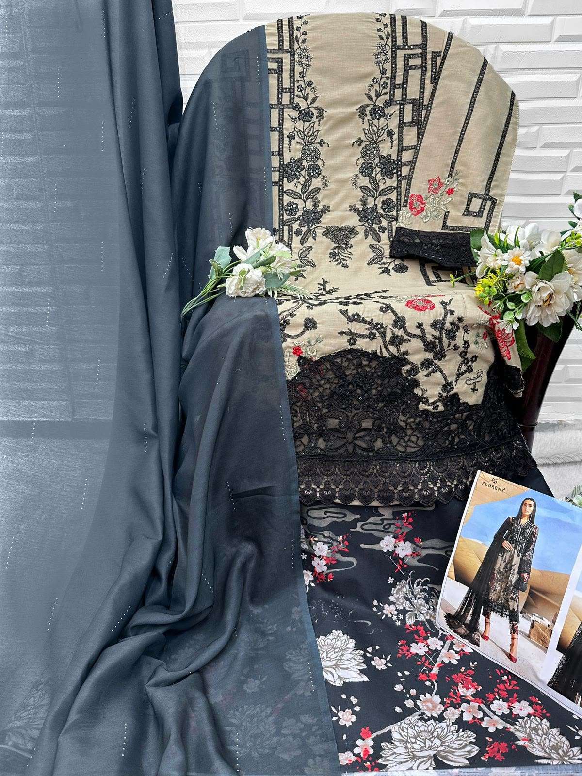 FLORENT MARIA B PREMIUM EMBROIDERED VOL 3 COTTON EMBROIDERY DESIGNER WORK SUIT
