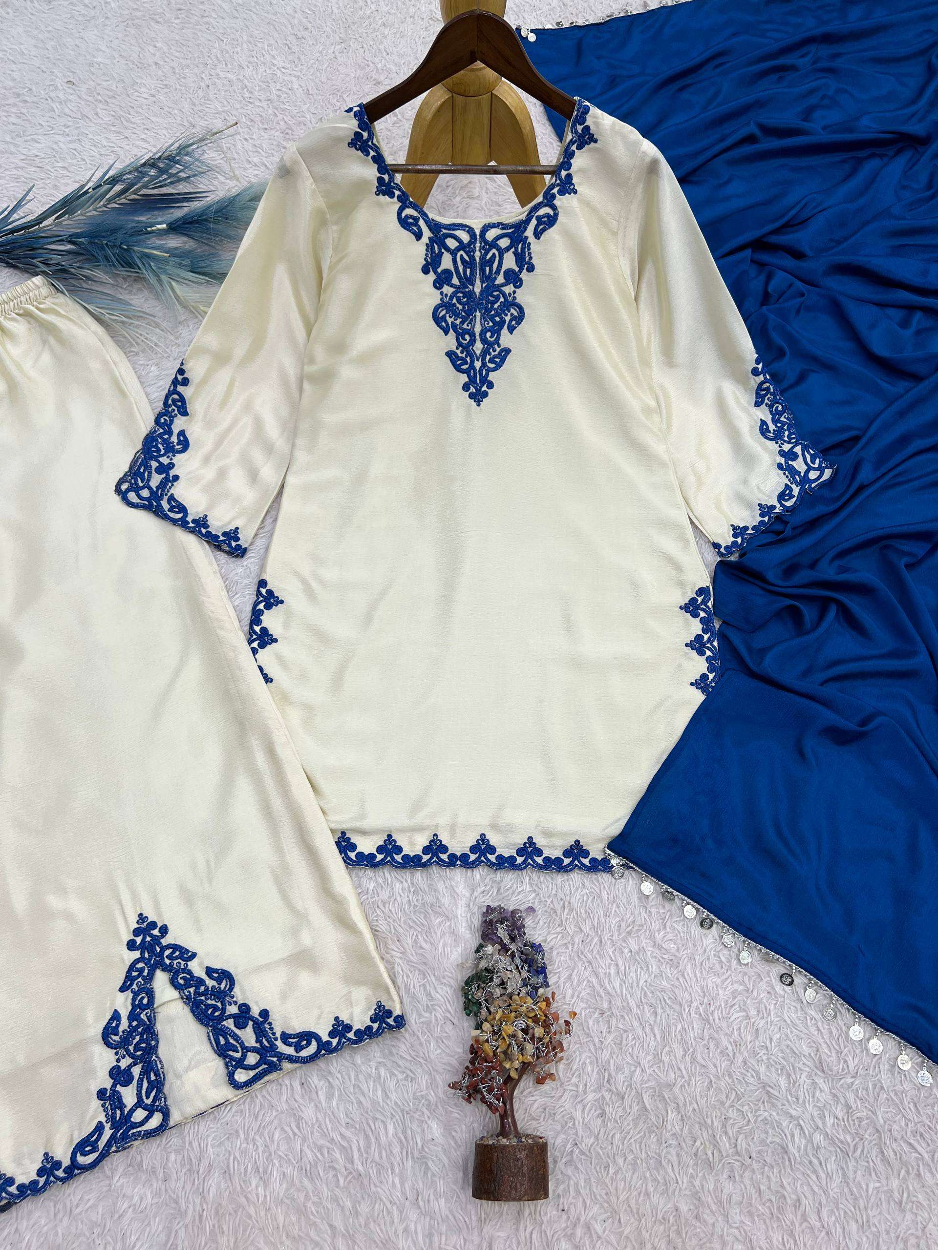 HK 1744 EMBROIDERY THREAD WORK DESIGNER WORK TOP PLAZZO AND DUPATTA SET 