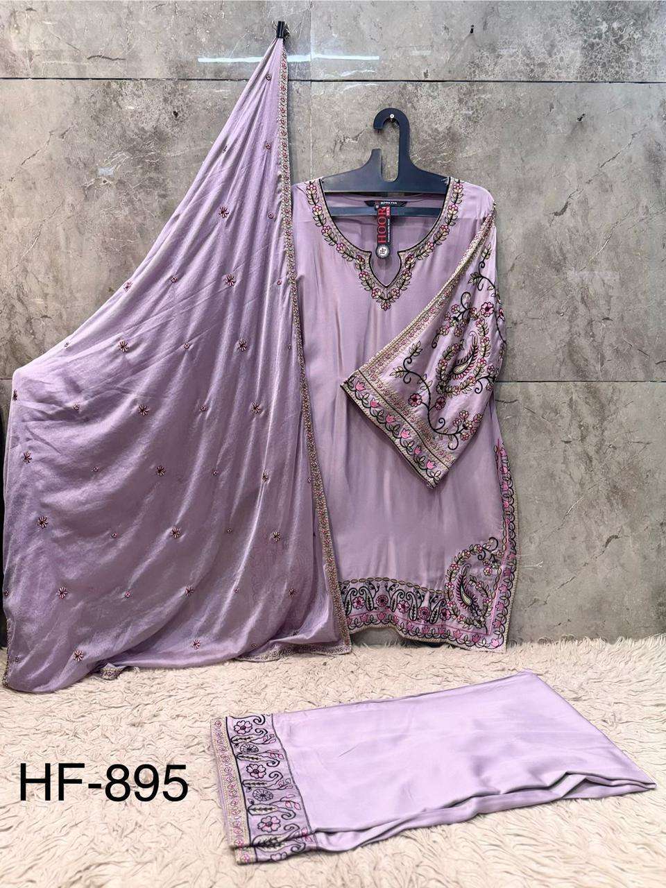 HOOR TEX HF 895 SATIN EMBROIDERY DESIGNER WORK READY MADE PAKISTANI STYLE SUIT
