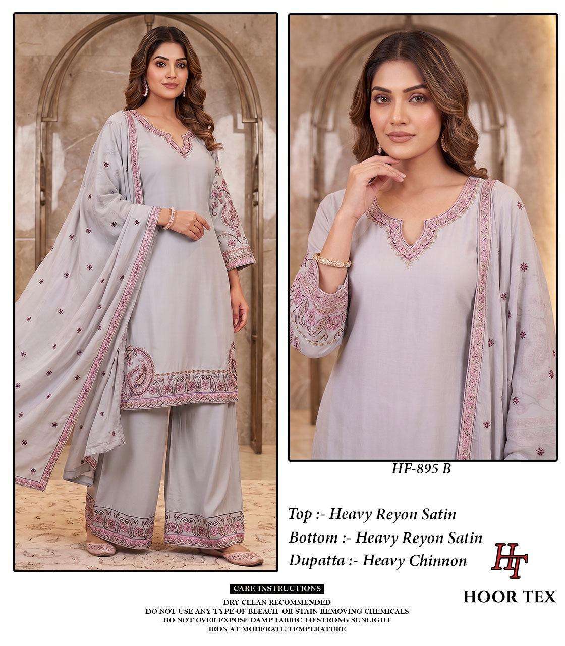 HOOR TEX HF 895 SATIN EMBROIDERY DESIGNER WORK READY MADE PAKISTANI STYLE SUIT