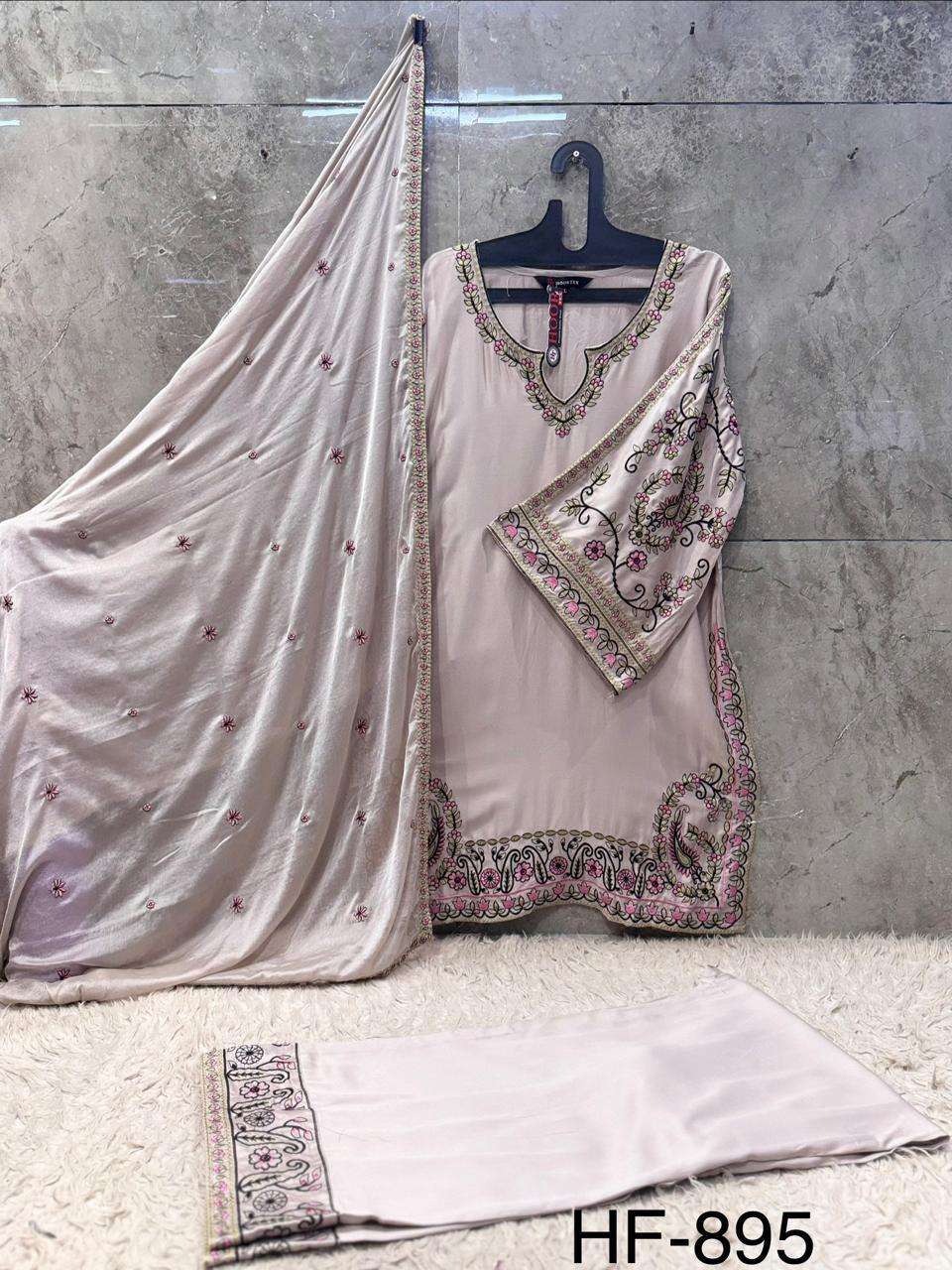 HOOR TEX HF 895 SATIN EMBROIDERY DESIGNER WORK READY MADE PAKISTANI STYLE SUIT