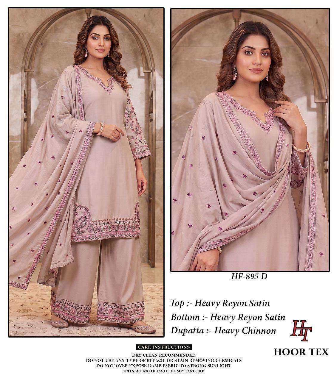 HOOR TEX HF 895 SATIN EMBROIDERY DESIGNER WORK READY MADE PAKISTANI STYLE SUIT