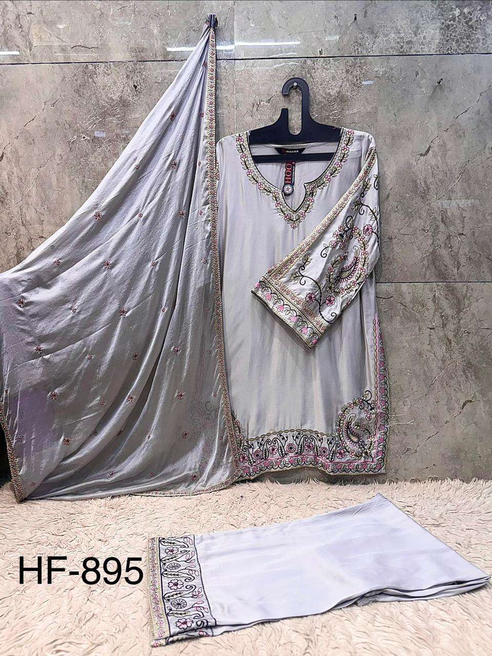 HOOR TEX HF 895 SATIN EMBROIDERY DESIGNER WORK READY MADE PAKISTANI STYLE SUIT