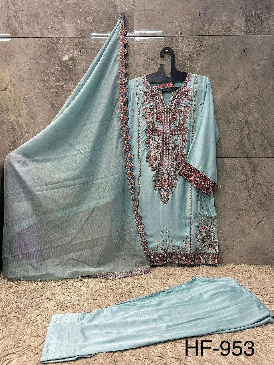 HOOR TEX HF 953 RAYON SATIN BEAUTIFUL DESIGNER WORK READY MADE PAKISTANI SUIT