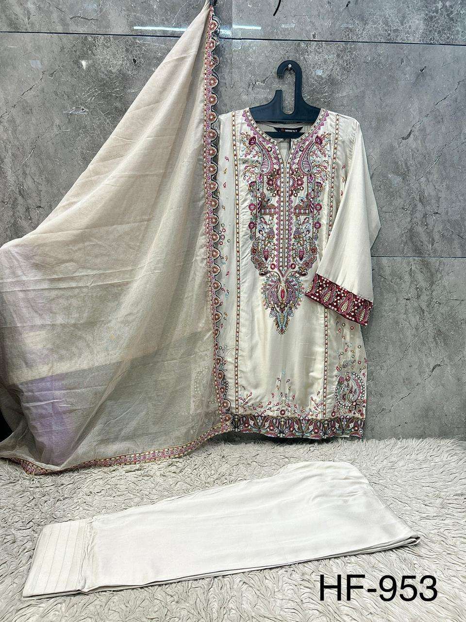 HOOR TEX HF 953 RAYON SATIN BEAUTIFUL DESIGNER WORK READY MADE PAKISTANI SUIT