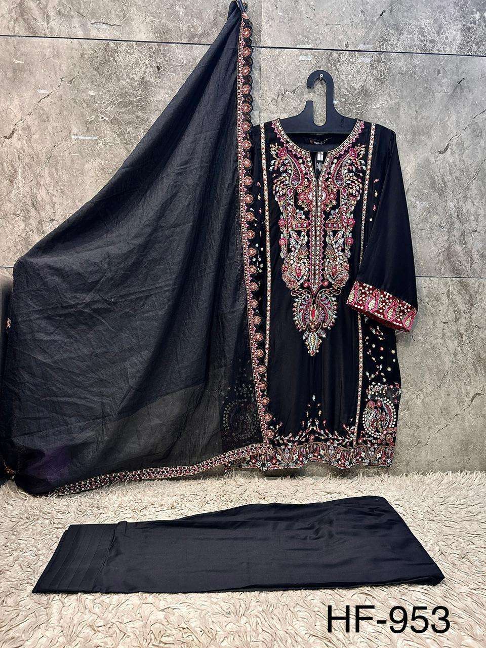 HOOR TEX HF 953 RAYON SATIN BEAUTIFUL DESIGNER WORK READY MADE PAKISTANI SUIT