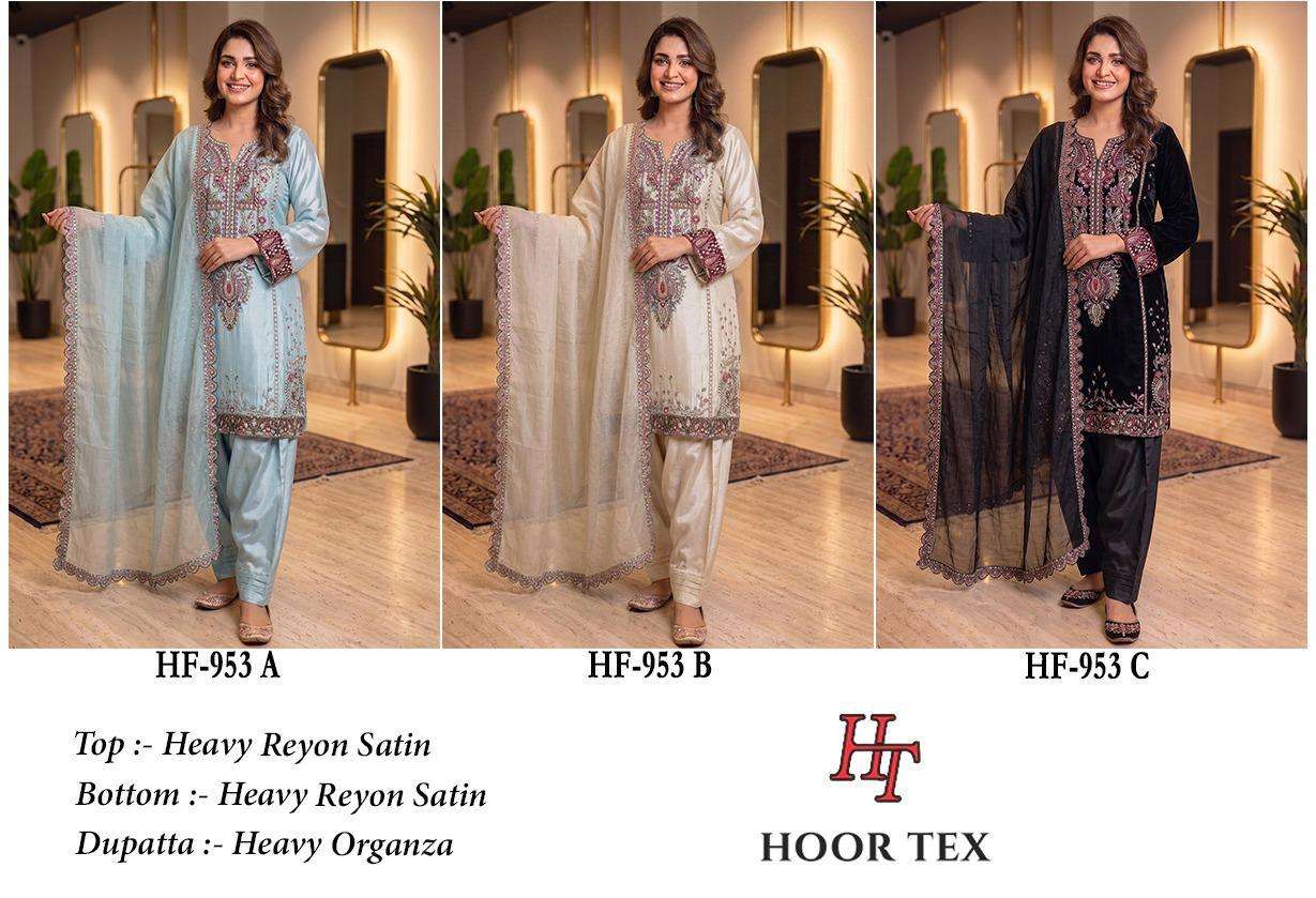 HOOR TEX HF 953 RAYON SATIN BEAUTIFUL DESIGNER WORK READY MADE PAKISTANI SUIT