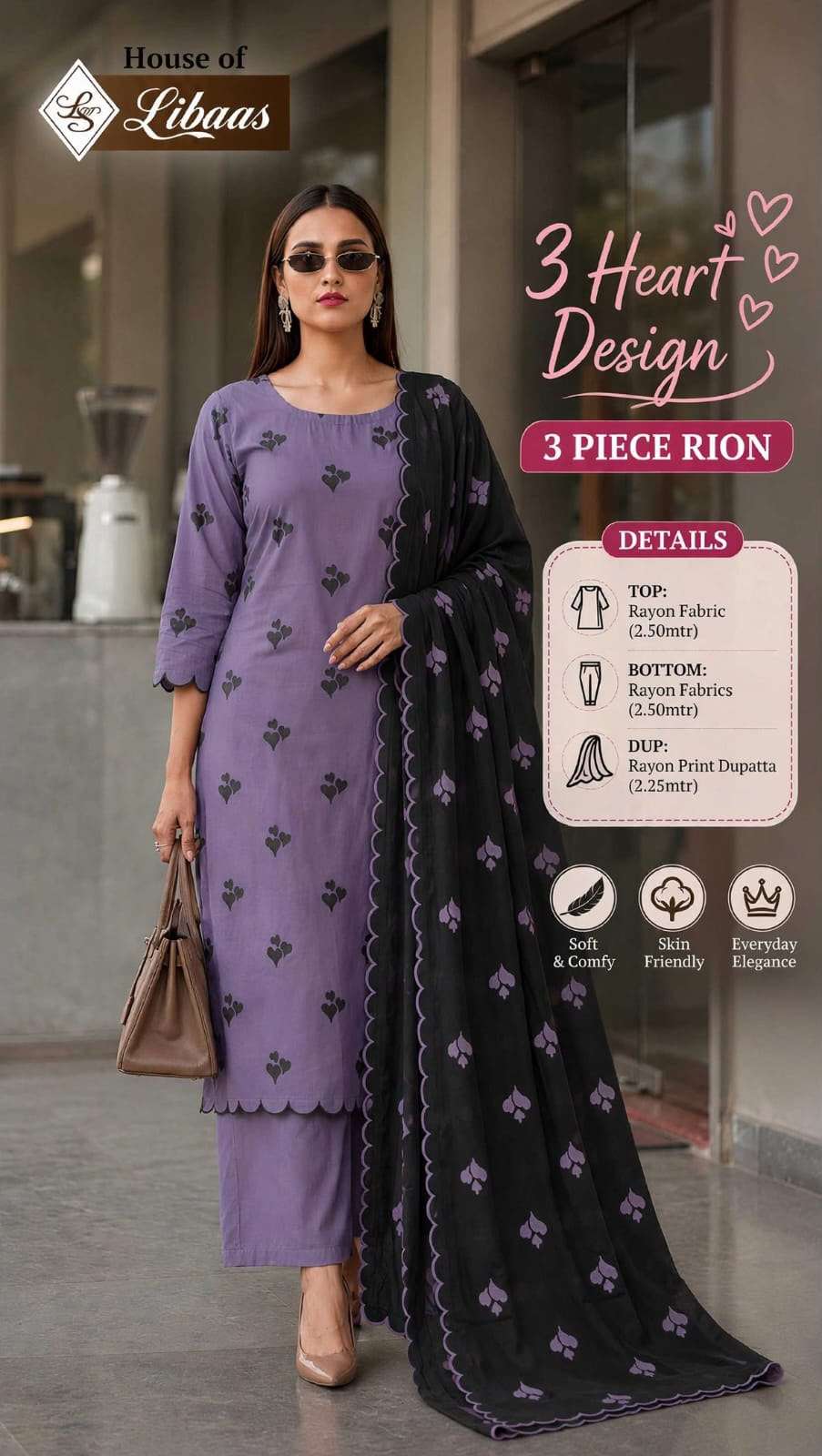 HOUSE OF LIBAS 3 HEART DESIGN RAYON PRINT FANCY WORK LADIES SUIT