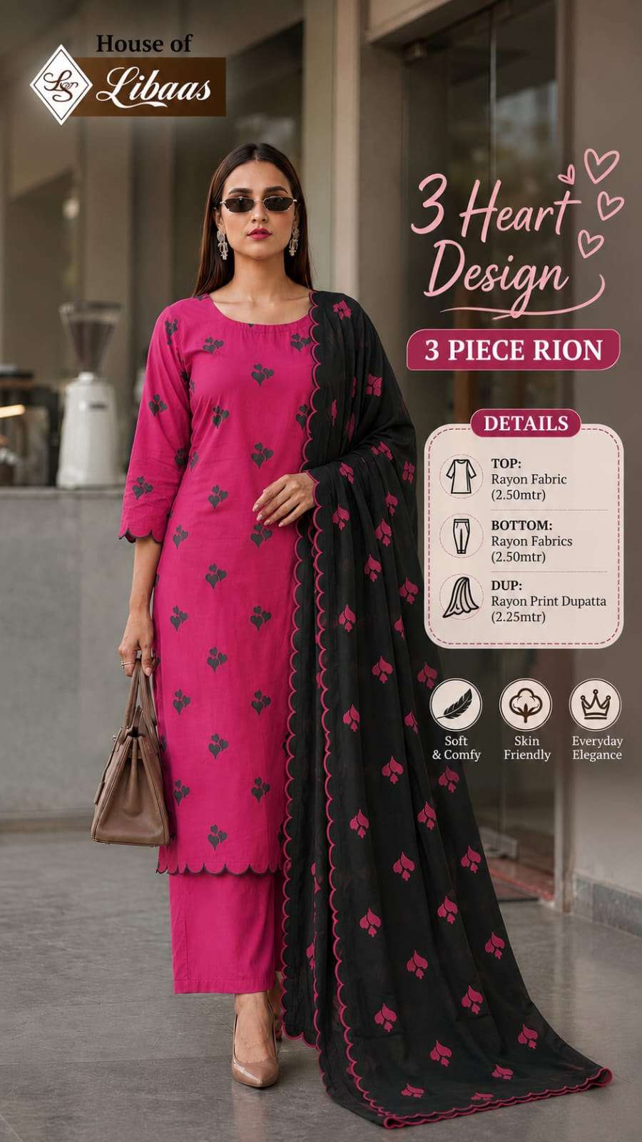 HOUSE OF LIBAS 3 HEART DESIGN RAYON PRINT FANCY WORK LADIES SUIT