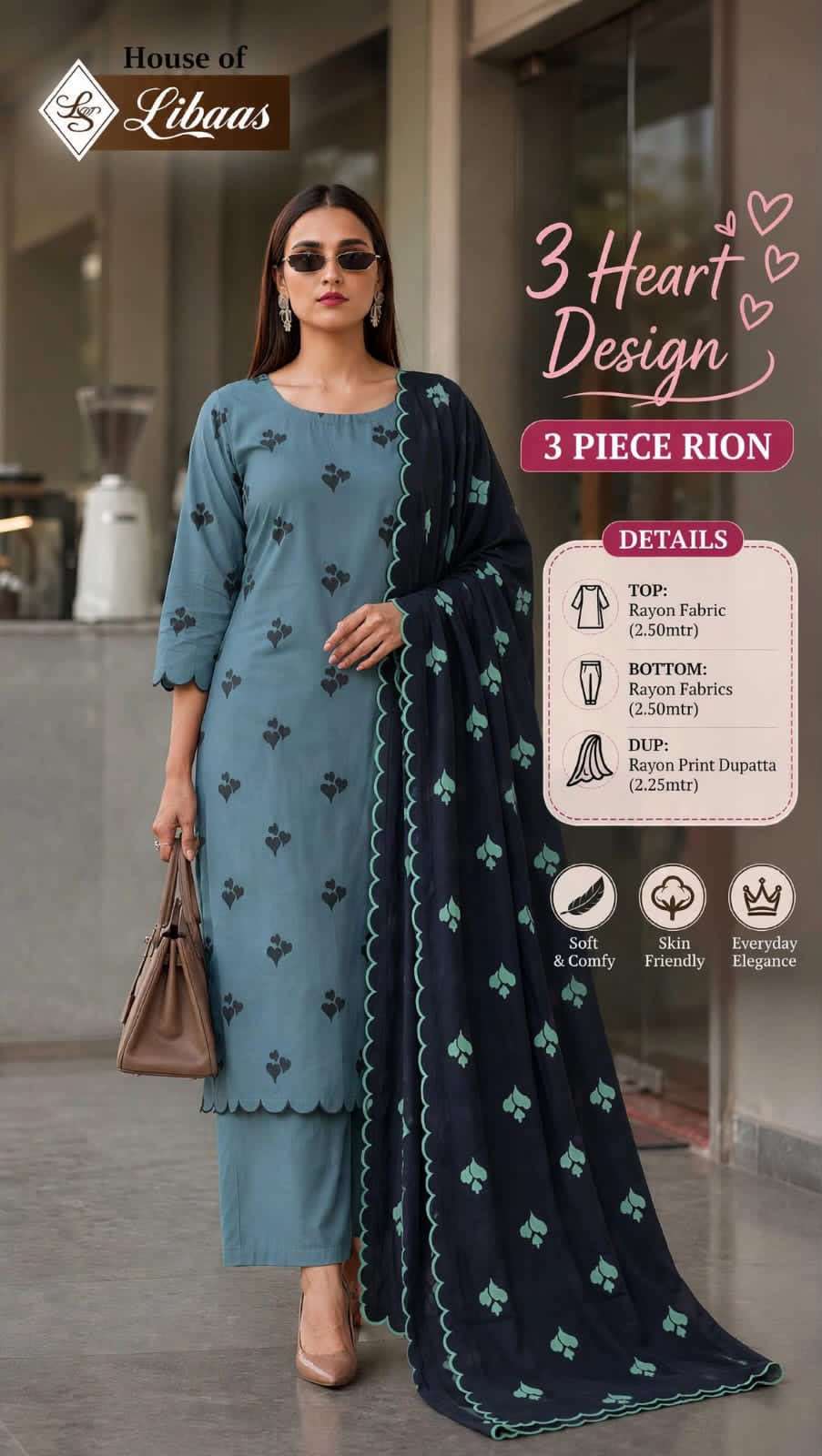HOUSE OF LIBAS 3 HEART DESIGN RAYON PRINT FANCY WORK LADIES SUIT