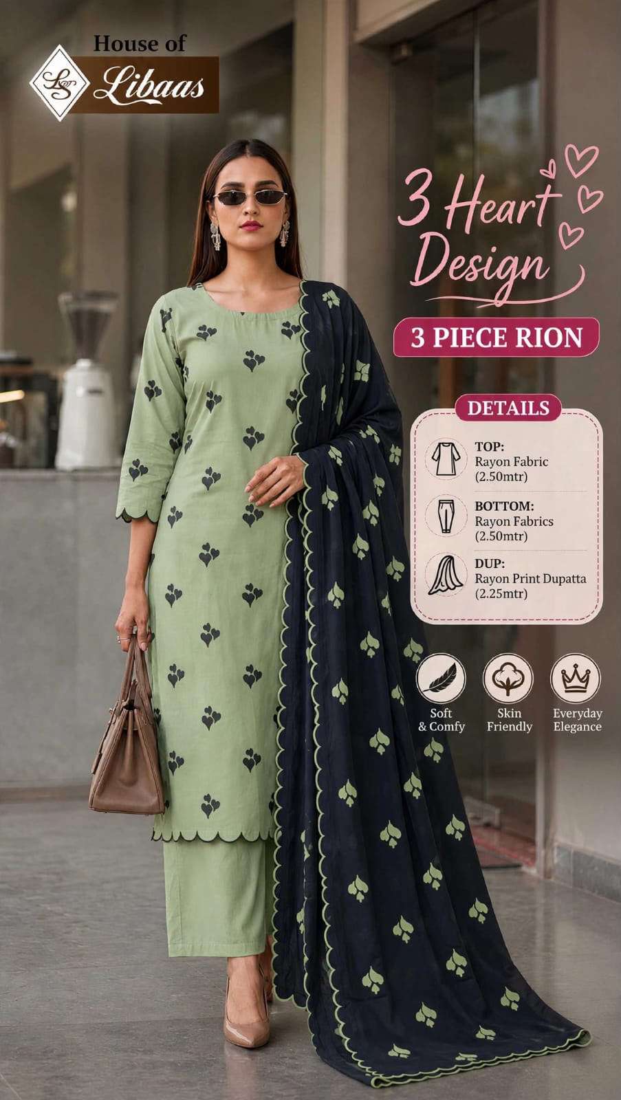 HOUSE OF LIBAS 3 HEART DESIGN RAYON PRINT FANCY WORK LADIES SUIT
