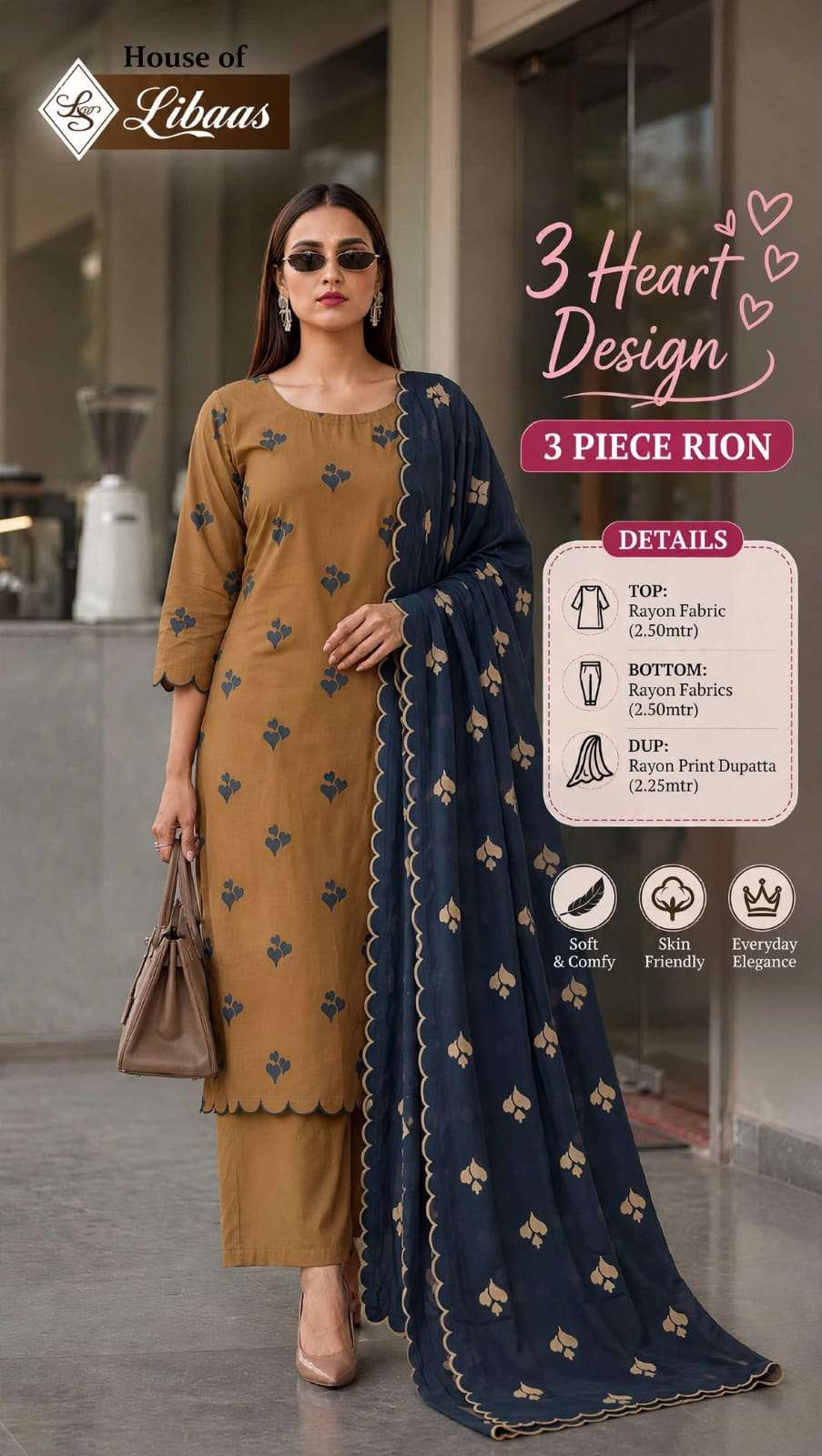 HOUSE OF LIBAS 3 HEART DESIGN RAYON PRINT FANCY WORK LADIES SUIT