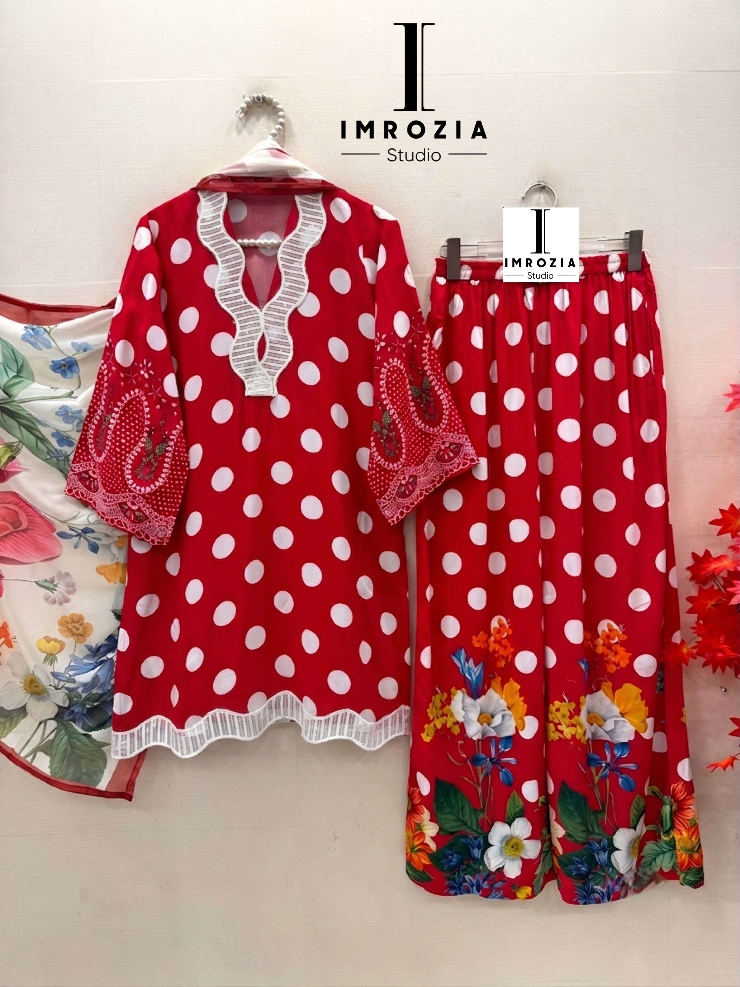 IMROZIA STUDIO D NO 502 SATIN PRINT WITH FANCY WORK READY MADE SUIT
