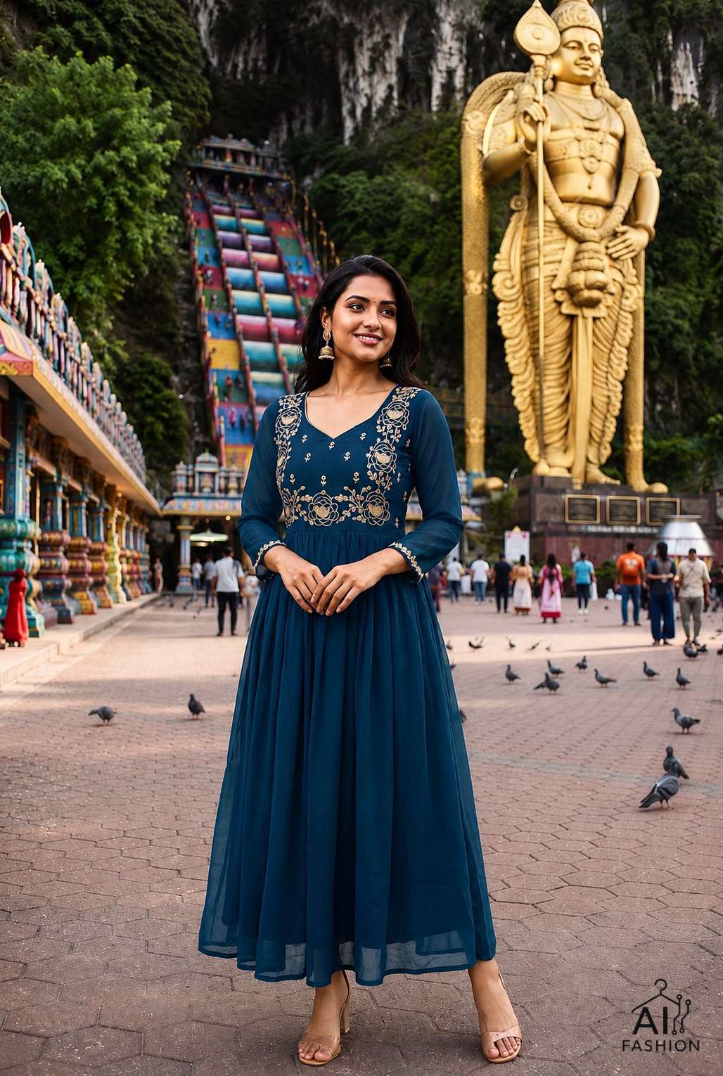 INLI BATU CAVES GEORGETTE DESIGNER FESTIVE WEAR LONG ONE PIECE GOWN DRESS 