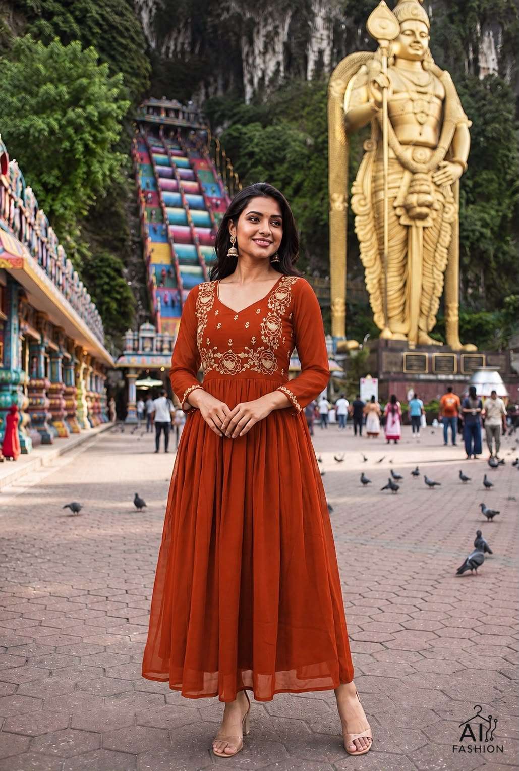 INLI BATU CAVES GEORGETTE DESIGNER FESTIVE WEAR LONG ONE PIECE GOWN DRESS 