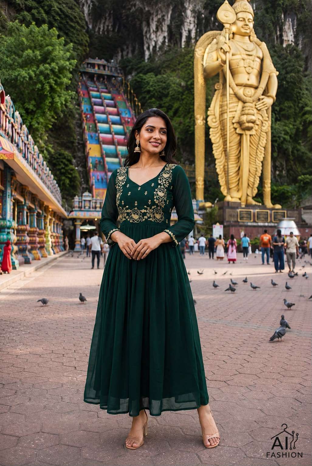 INLI BATU CAVES GEORGETTE DESIGNER FESTIVE WEAR LONG ONE PIECE GOWN DRESS 