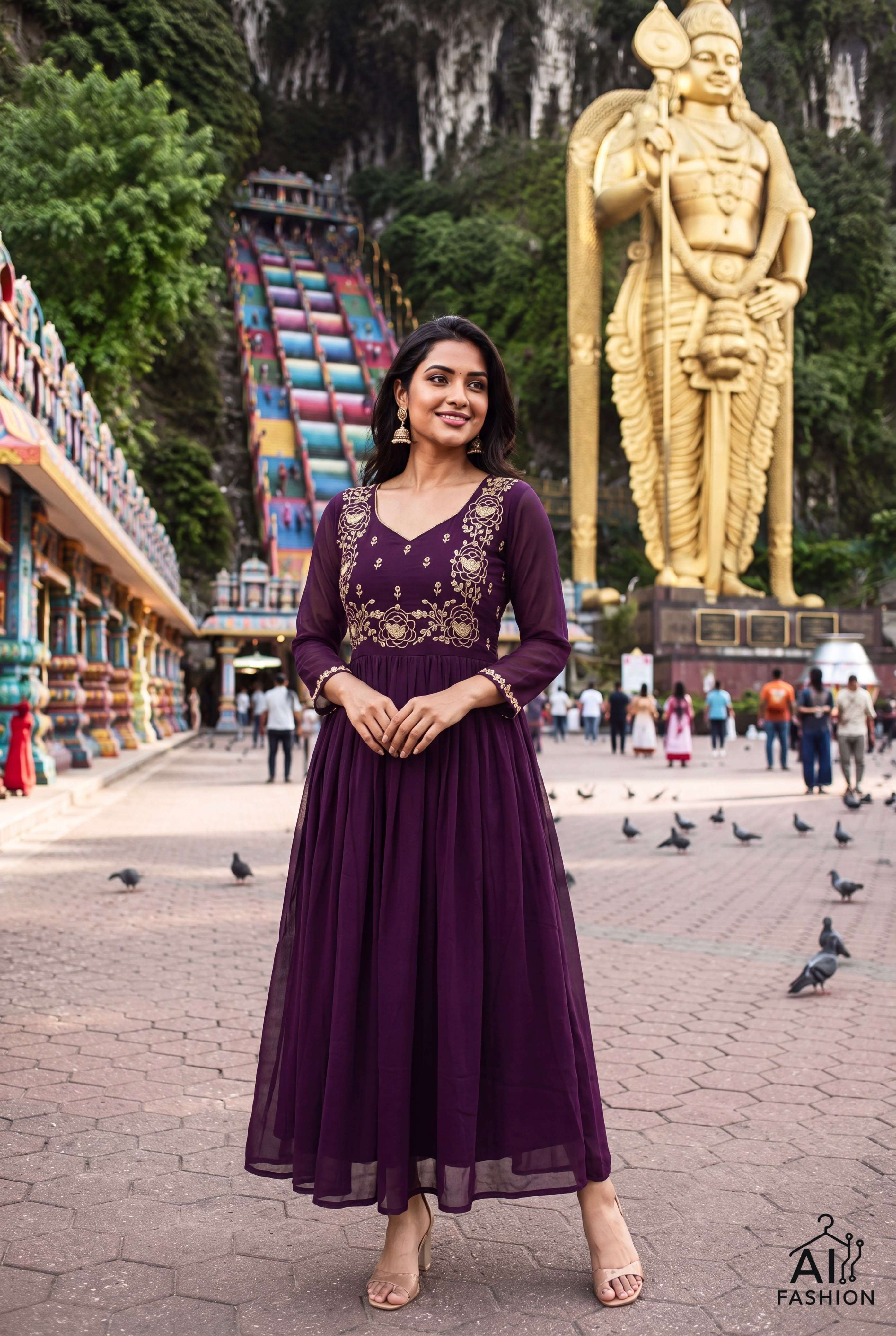 INLI BATU CAVES GEORGETTE DESIGNER FESTIVE WEAR LONG ONE PIECE GOWN DRESS 