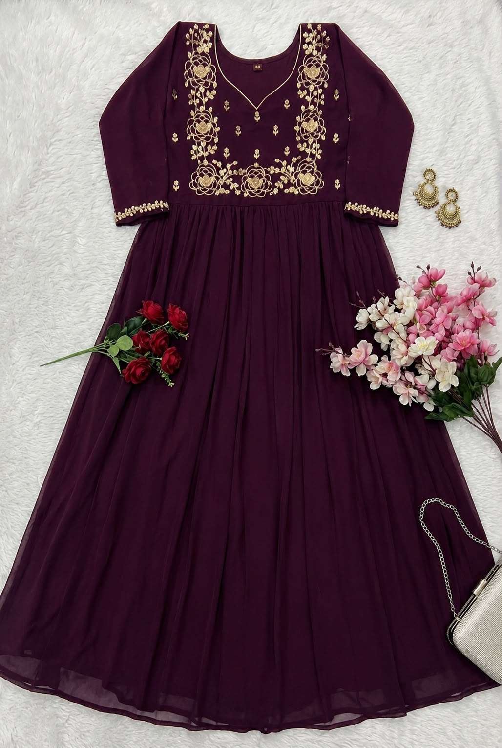 INLI BATU CAVES GEORGETTE DESIGNER FESTIVE WEAR LONG ONE PIECE GOWN DRESS 