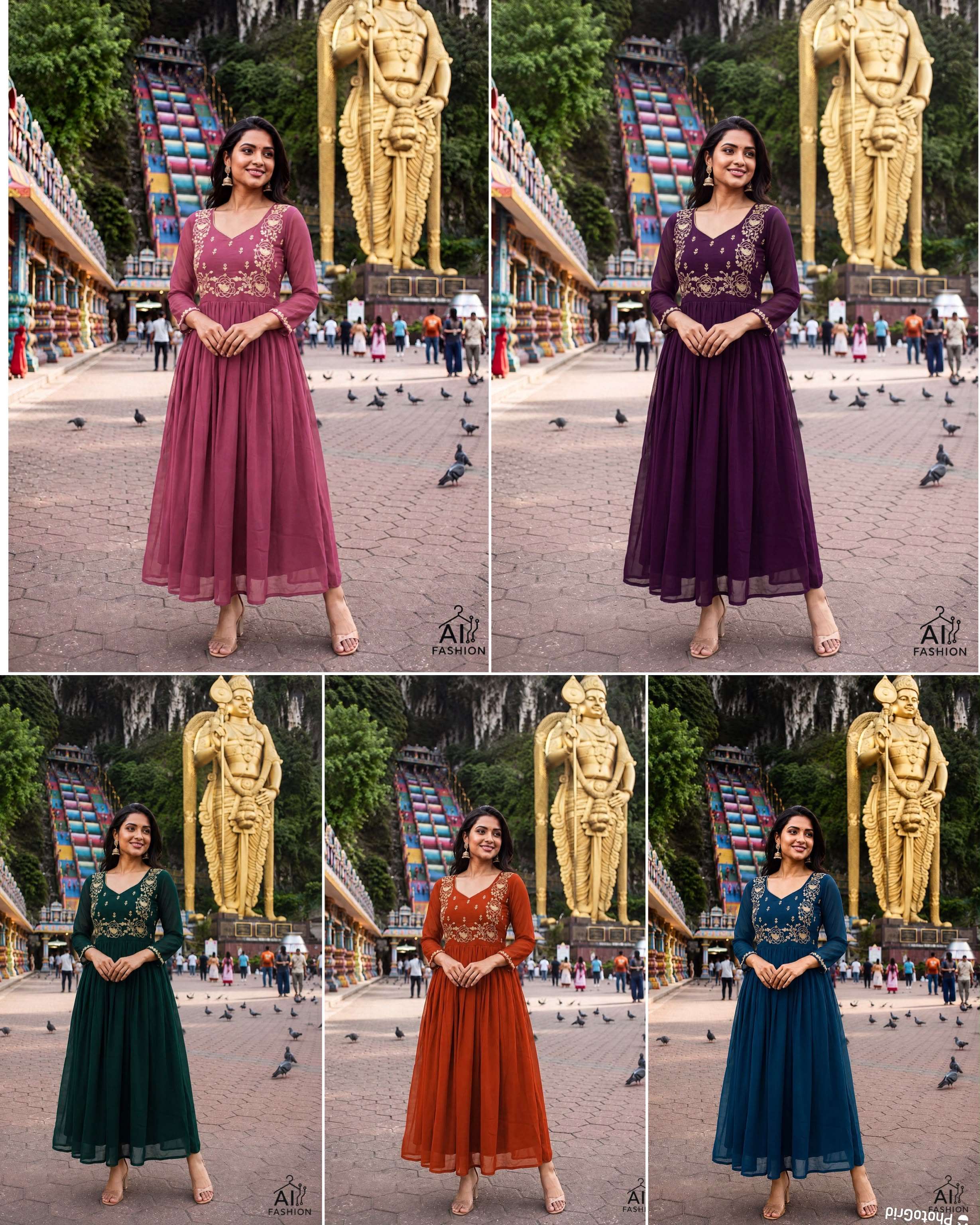 INLI BATU CAVES GEORGETTE DESIGNER FESTIVE WEAR LONG ONE PIECE GOWN DRESS 