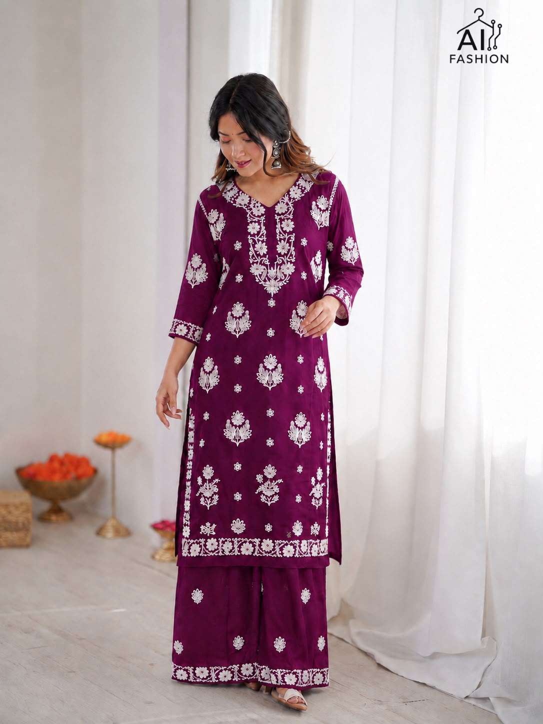 INLI CHIKANKARI SET RAYON FANCY THREAD WORKS FANCY KURTI WITH PLAZOO PAIR 