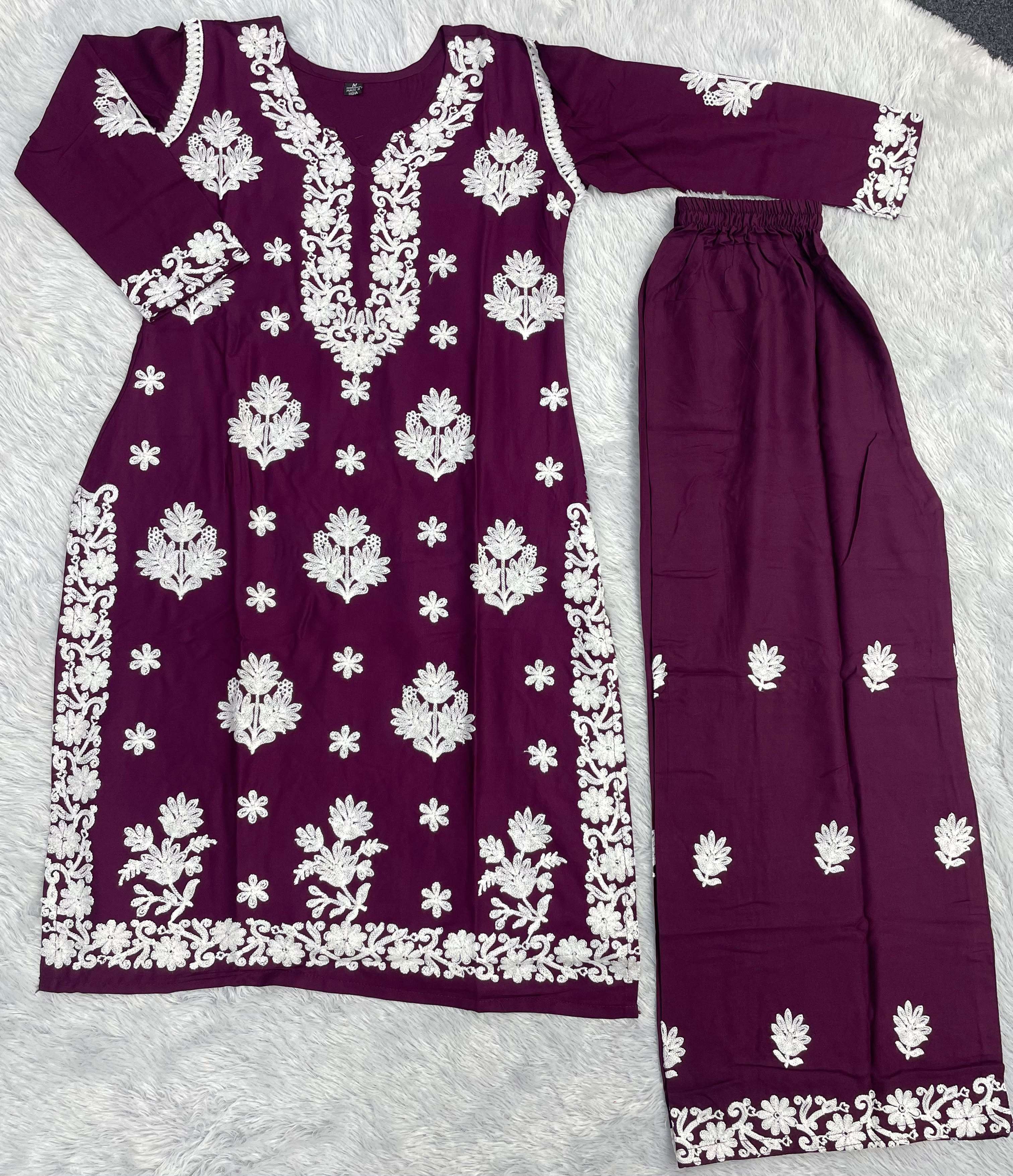 INLI CHIKANKARI SET RAYON FANCY THREAD WORKS FANCY KURTI WITH PLAZOO PAIR 