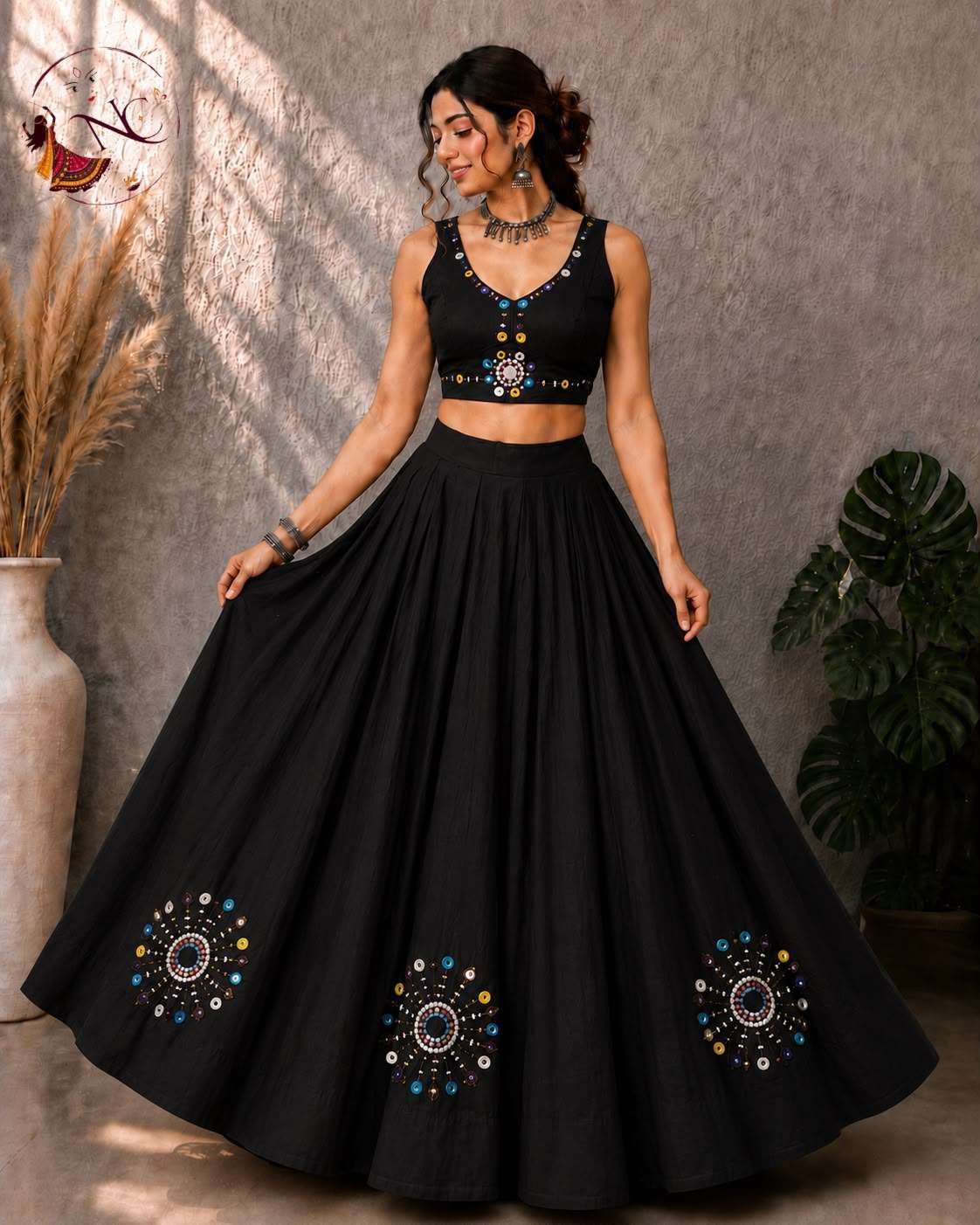 INLI KHELAIYA SILK HEAVY MIRROR WORK DESIGNER NAVRATRI WEAR LEHENGA CHOLI 