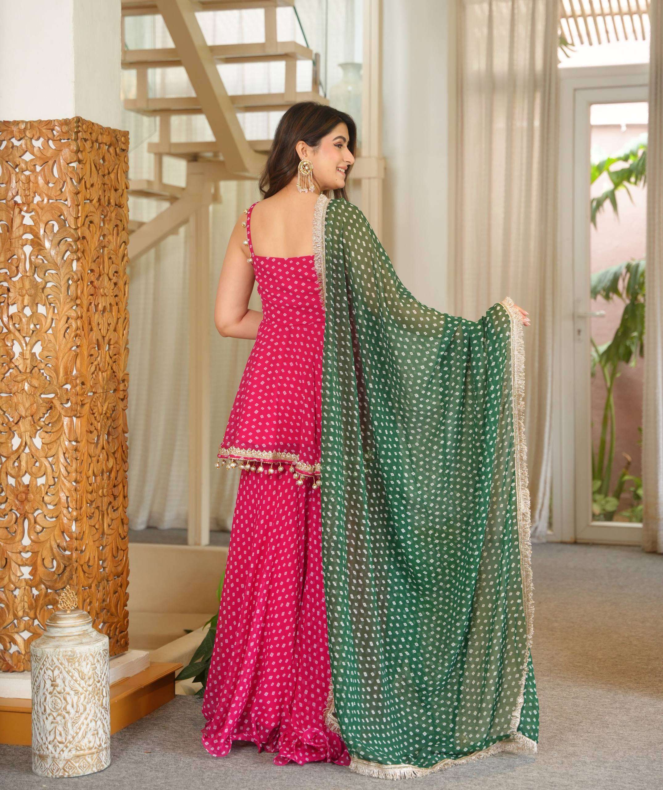 JD 651 FANCY BANDHEJ PRINT TOP PLAZZO WITH PRETTY DUPATTA SET 