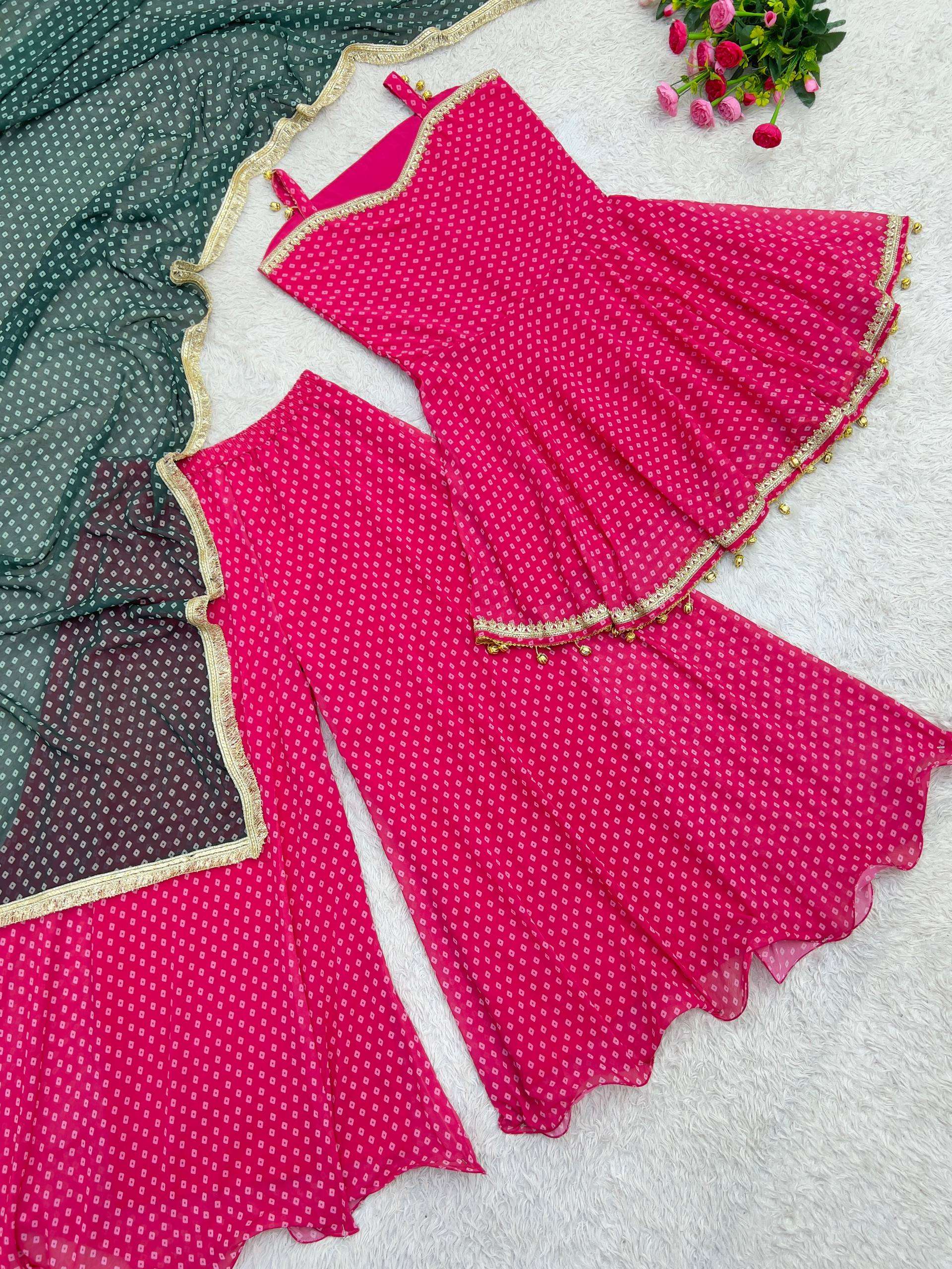 JD 651 FANCY BANDHEJ PRINT TOP PLAZZO WITH PRETTY DUPATTA SET 