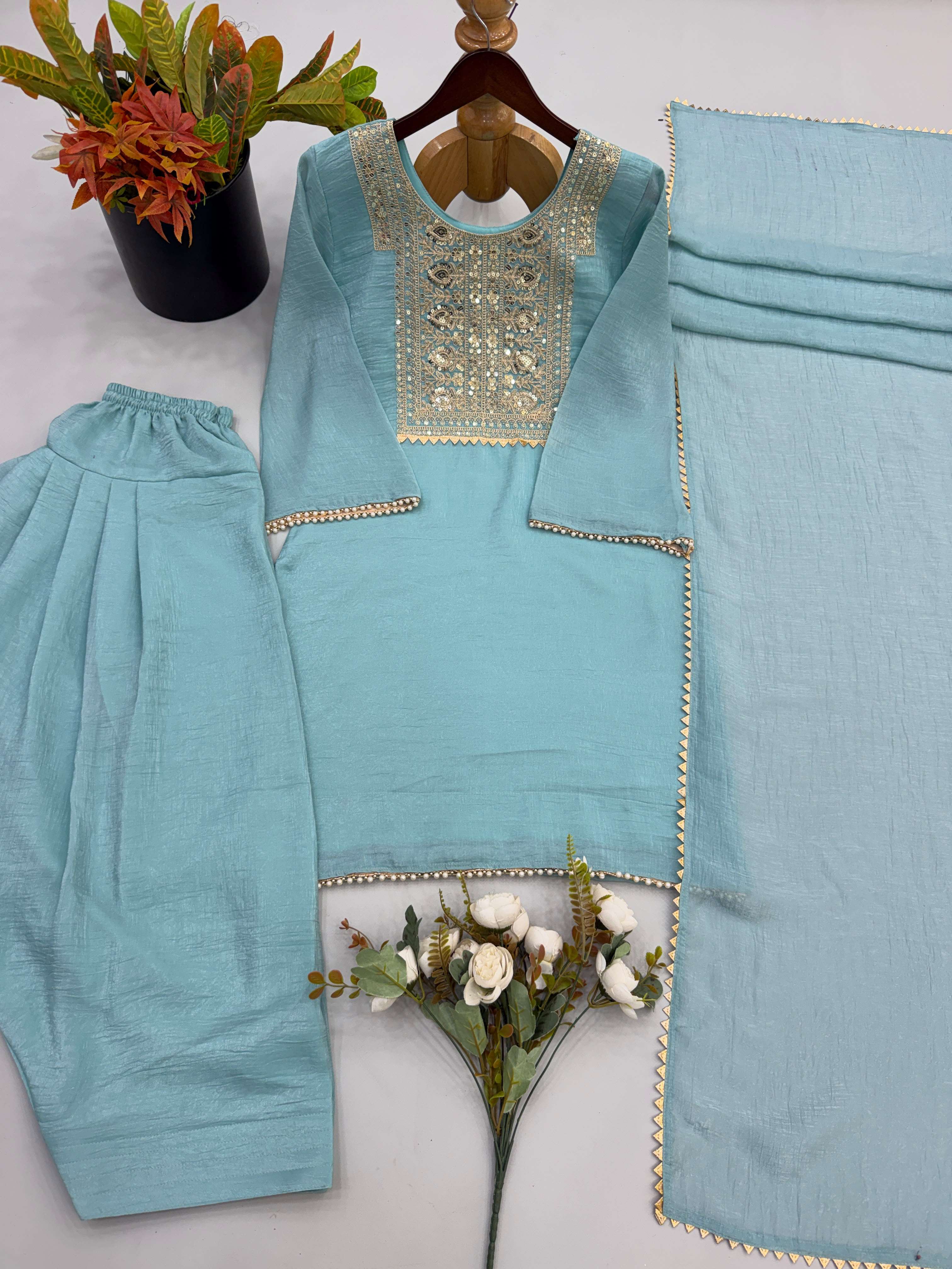 JF 053 SILK DESIGNER WORK PARTY WEAR TOP BOTTOM AND DUPATTA SET 